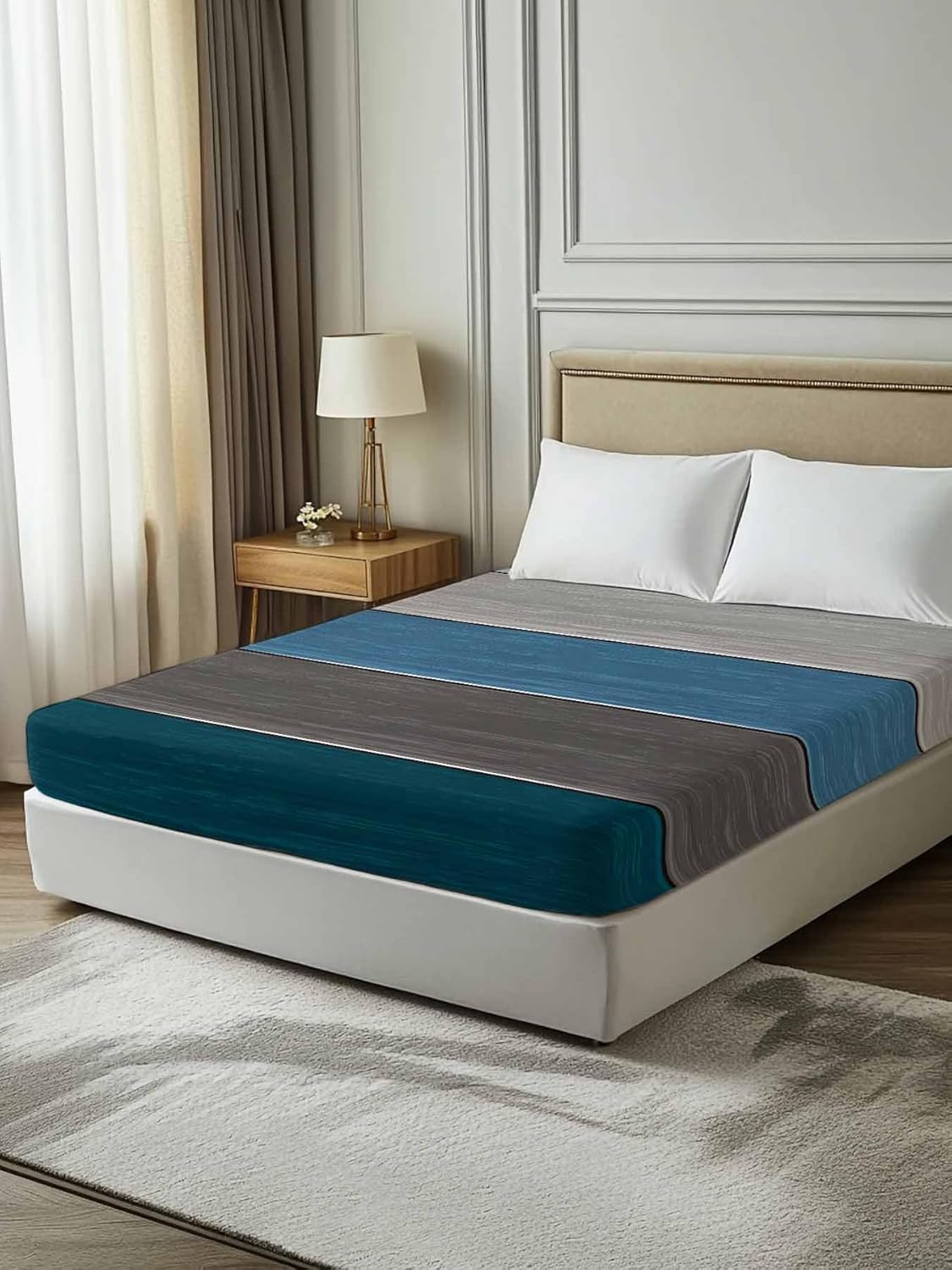 Top Sheet Full Bedding Flat Sheet Only, Retro Farm Blue Gray Wood Grain Microfiber Bed Sheets Soft Breathable Bedding Flat Sheets, Rustic Wooden Plank Hotel Luxury Top Sheets