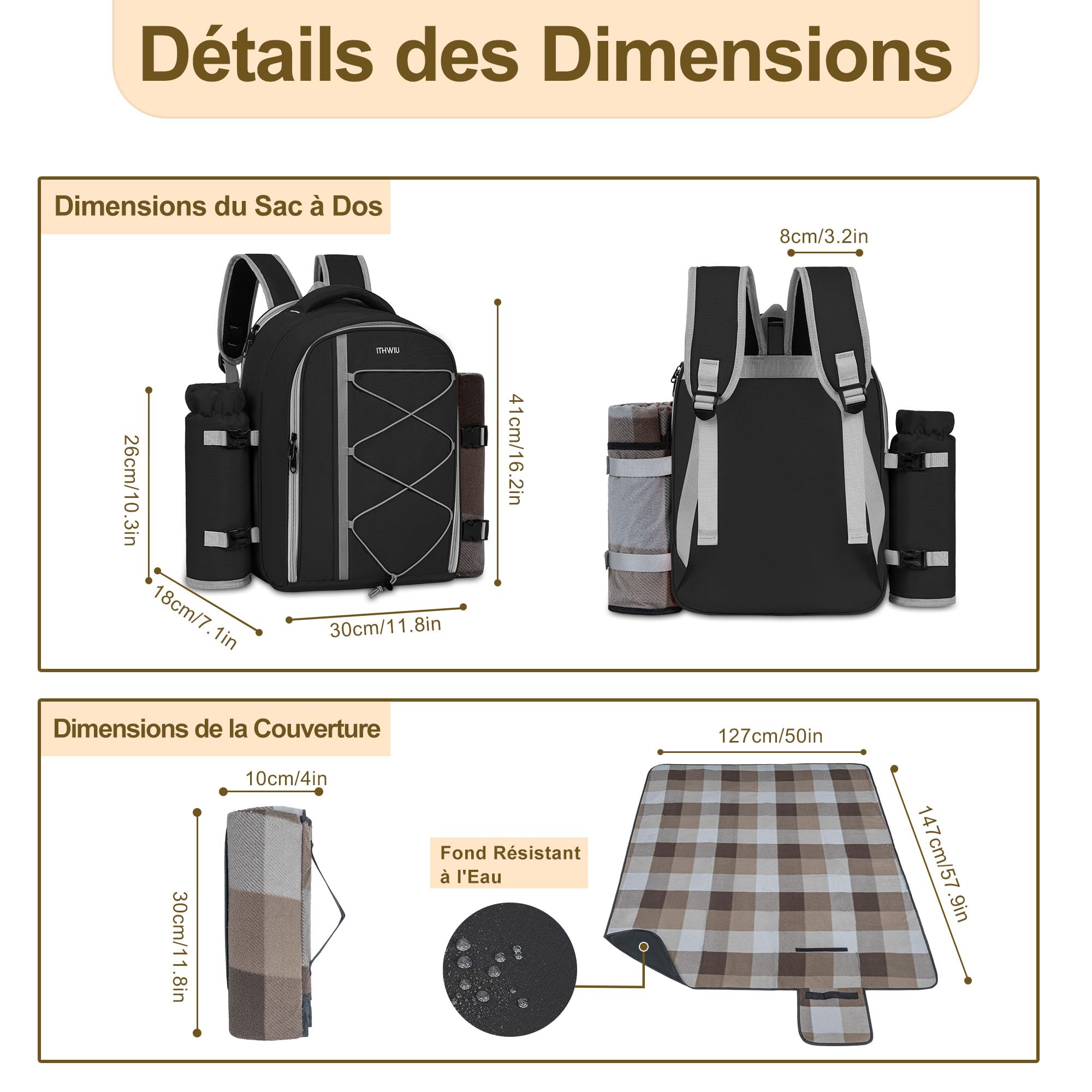 Sac à Dos de Pique-Nique pour 4 Personnes avec Compartiment Réfrigérants Isolés et Étanches, 30 Pièces Sac de Pique-Nique avec Ensemble et Couverture, pour Plage, Camping, Randonnée (Noir)
