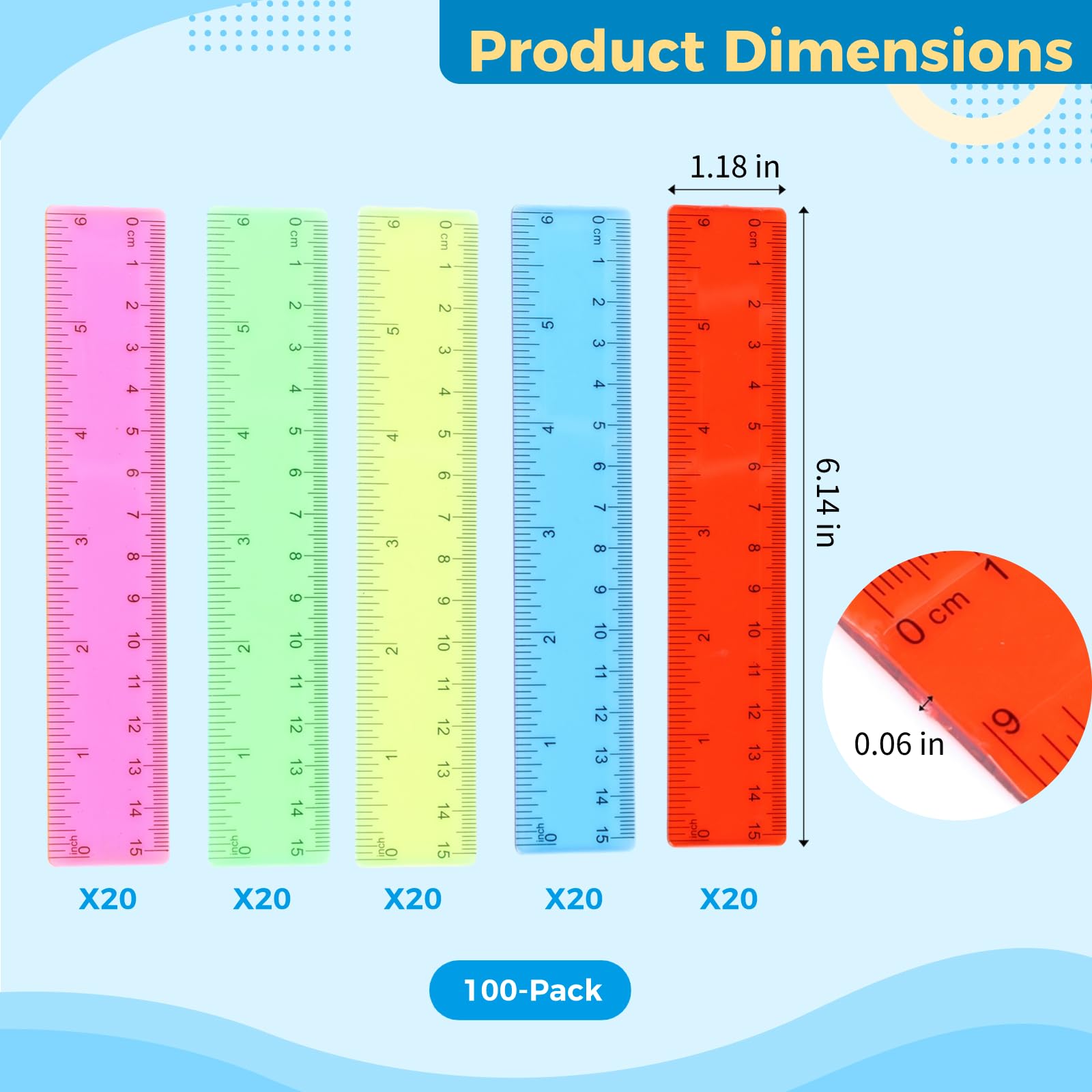 Confezione da 100 righelli colorati trasparenti, 15 cm, righello dritto con centimetri e pollici, righello in plastica trasparente per studenti, cancelleria scolastica, ufficio e casa
