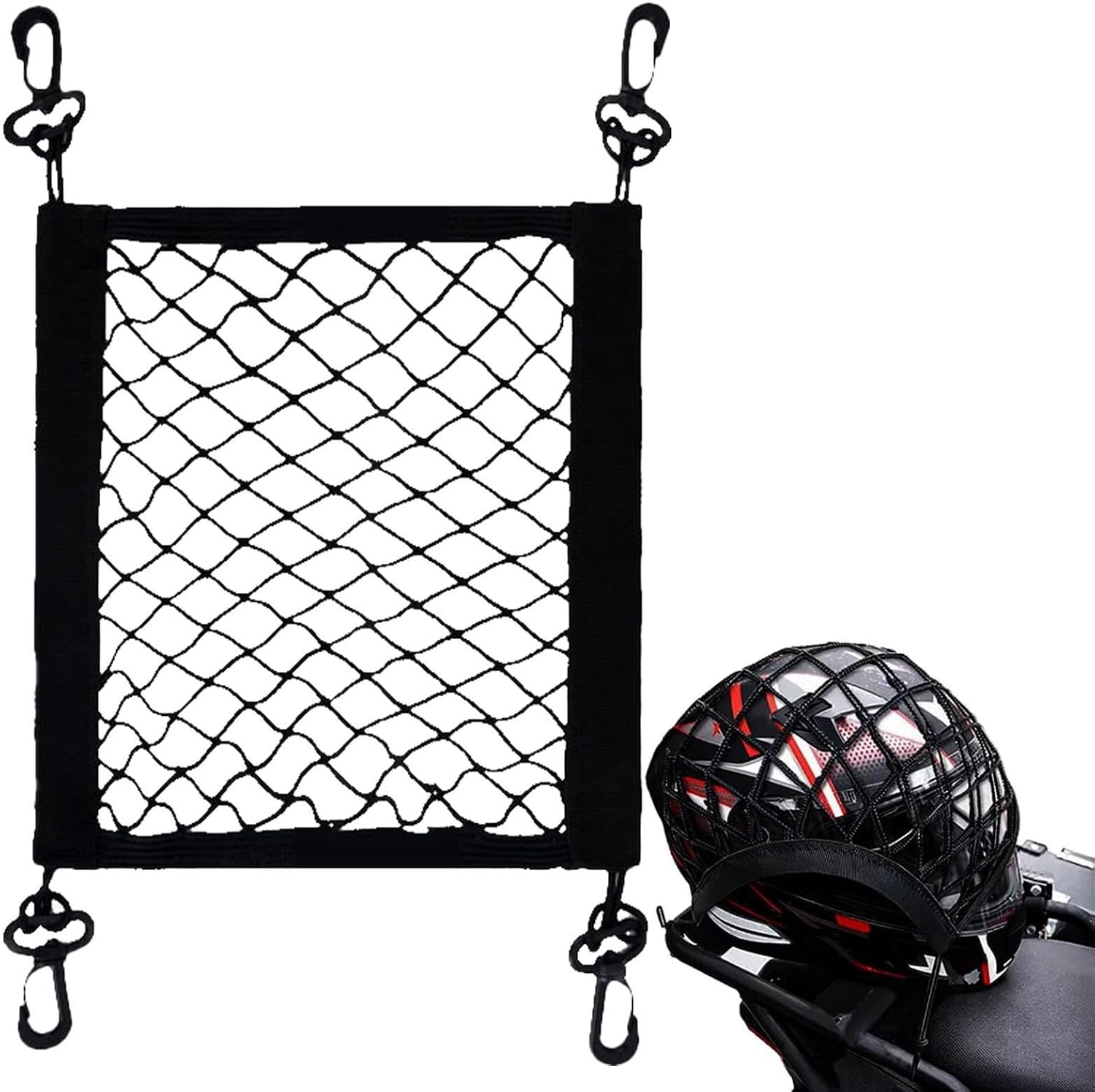 Siatka bagażowa na kask motocyklowy, paski bagażowe, wytrzymałe paski | Bungee z 4 haczykami, do przechowywania kosza przedniego, codziennych dojazdów do pracy i jazdy na krótkich dystansach