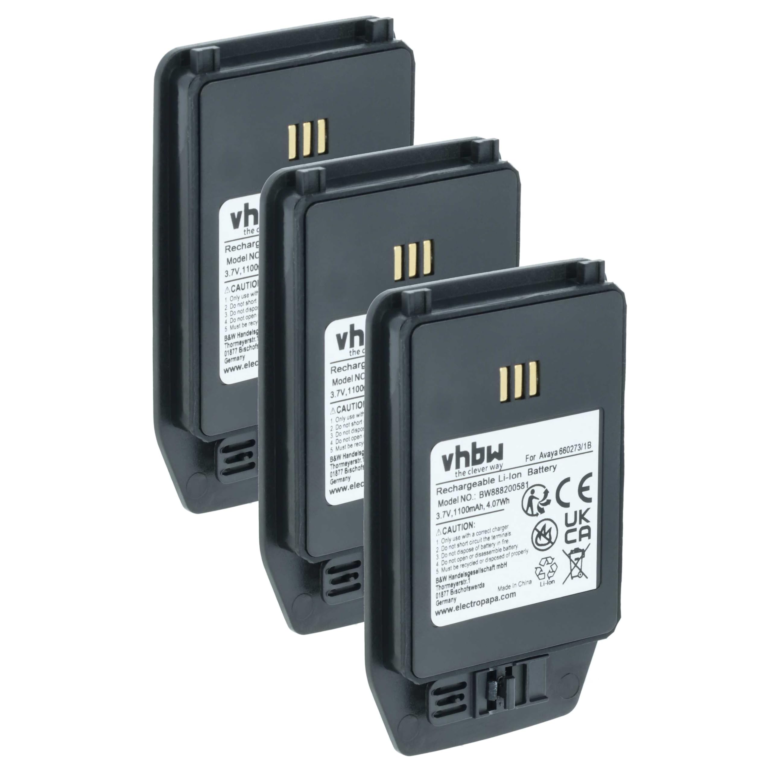 vhbw 3 x bateria kompatybilna z Avaya Dect 3745, DECT 3740, 3700 EX, DECT 3749 telefon komórkowy smartfon (1100 mAh, 3,7 V, litowo-jonowy)