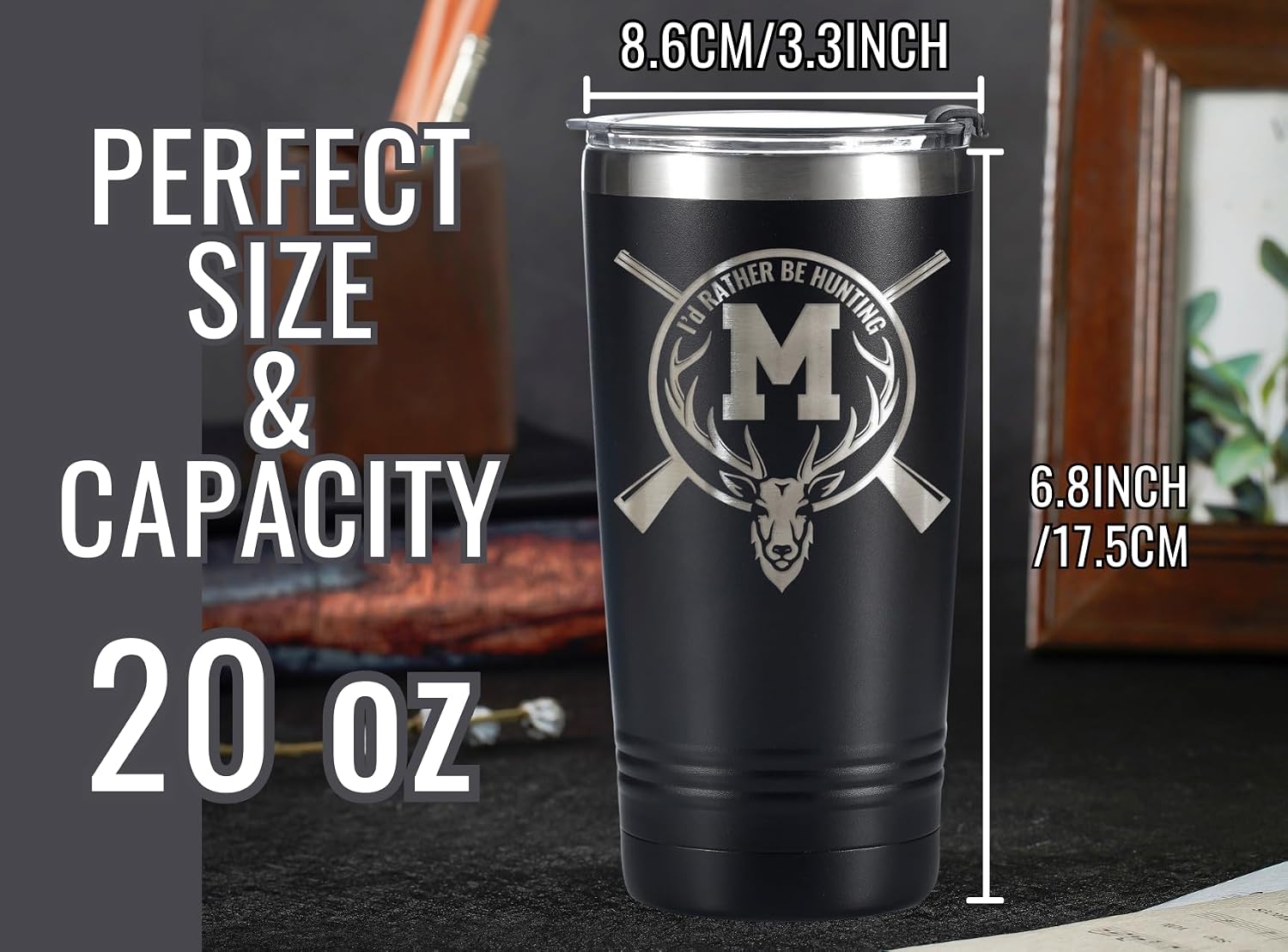 Onebttl Hunting Gifts for Men with Initial Letters, 20oz Stainless Steel Tumbler, Spill-Proof Lid & Straw Included, Gifts for Dad, Birthday & Christmas, Black - M
