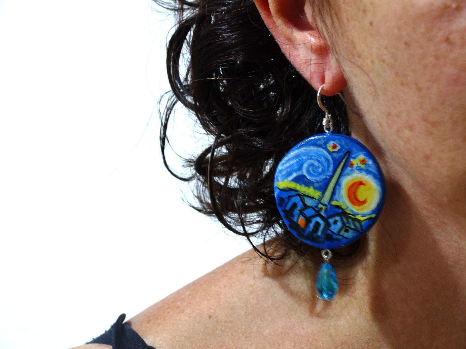 Pendientes de cerámica pintados a mano LA NOCHE ESTRELLADA - Pendientes colgantes mujer joyas cerámica pintada gancho plata Made in Italy