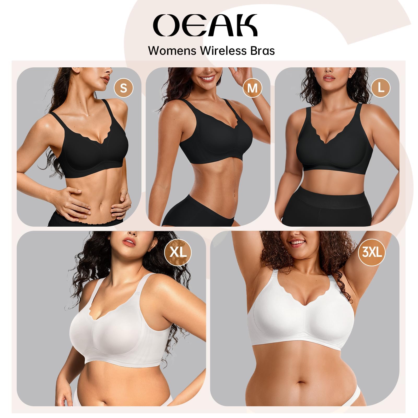 OEAK - Sujetador sin aros para mujer, cómodo, sin costuras, suave, cuello en V, festoneado, cobertura completa, para uso diario