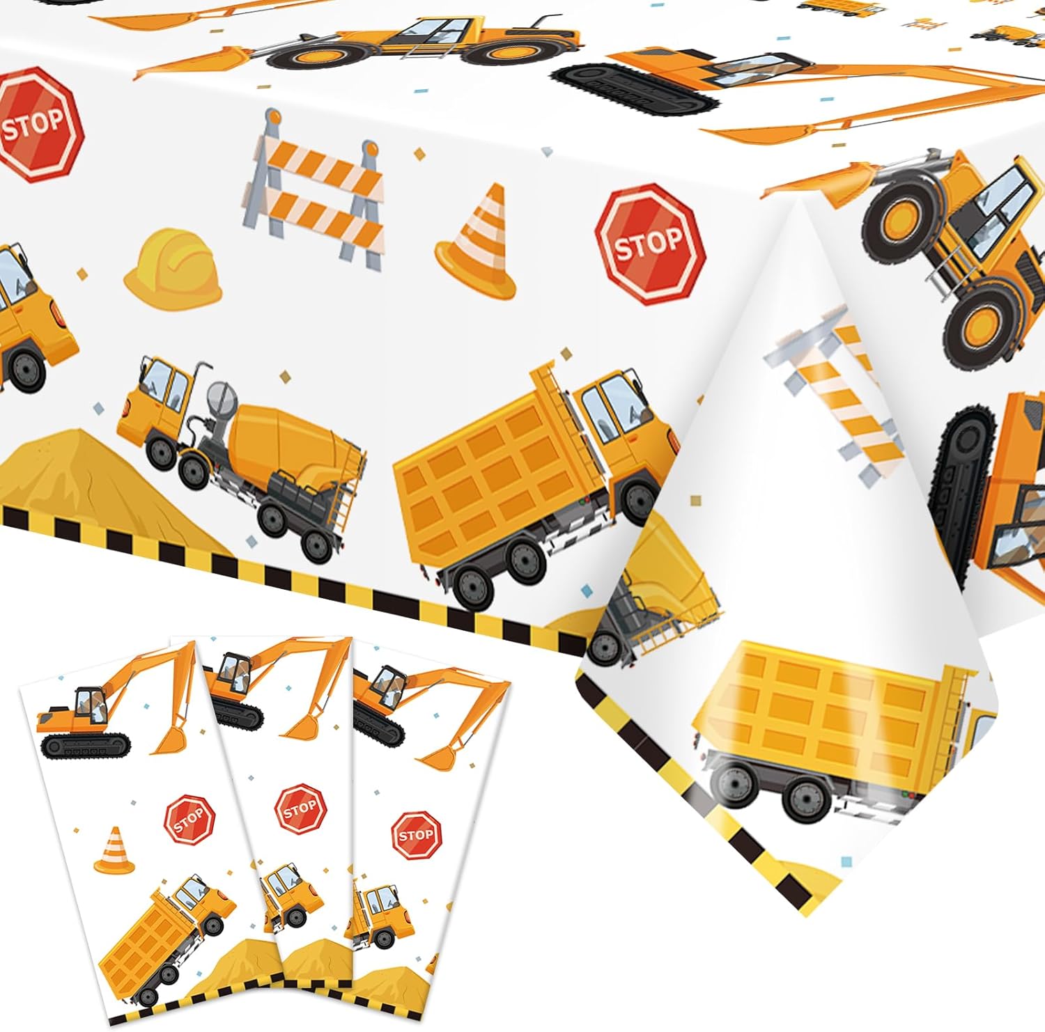 Mantel de plástico de construcción de 3 piezas de 51 x 87 pulgadas, diseño de camión volquete y señal de tráfico, funda rectangular desechable para
