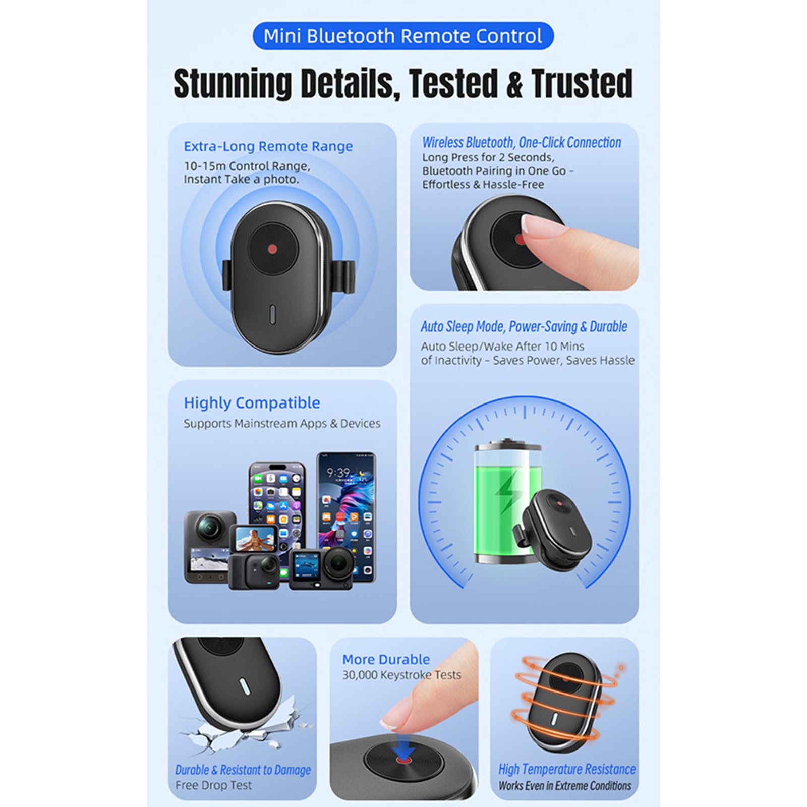 Télécommande Bluetooth universelle pour DJI Osmo 360/Action 6 pour Insta360 X5/Ace Pro 2/Go Ultra pour caméra GoPro Hero 13/Max 2, étanche, mini télécommande intelligente sans fil