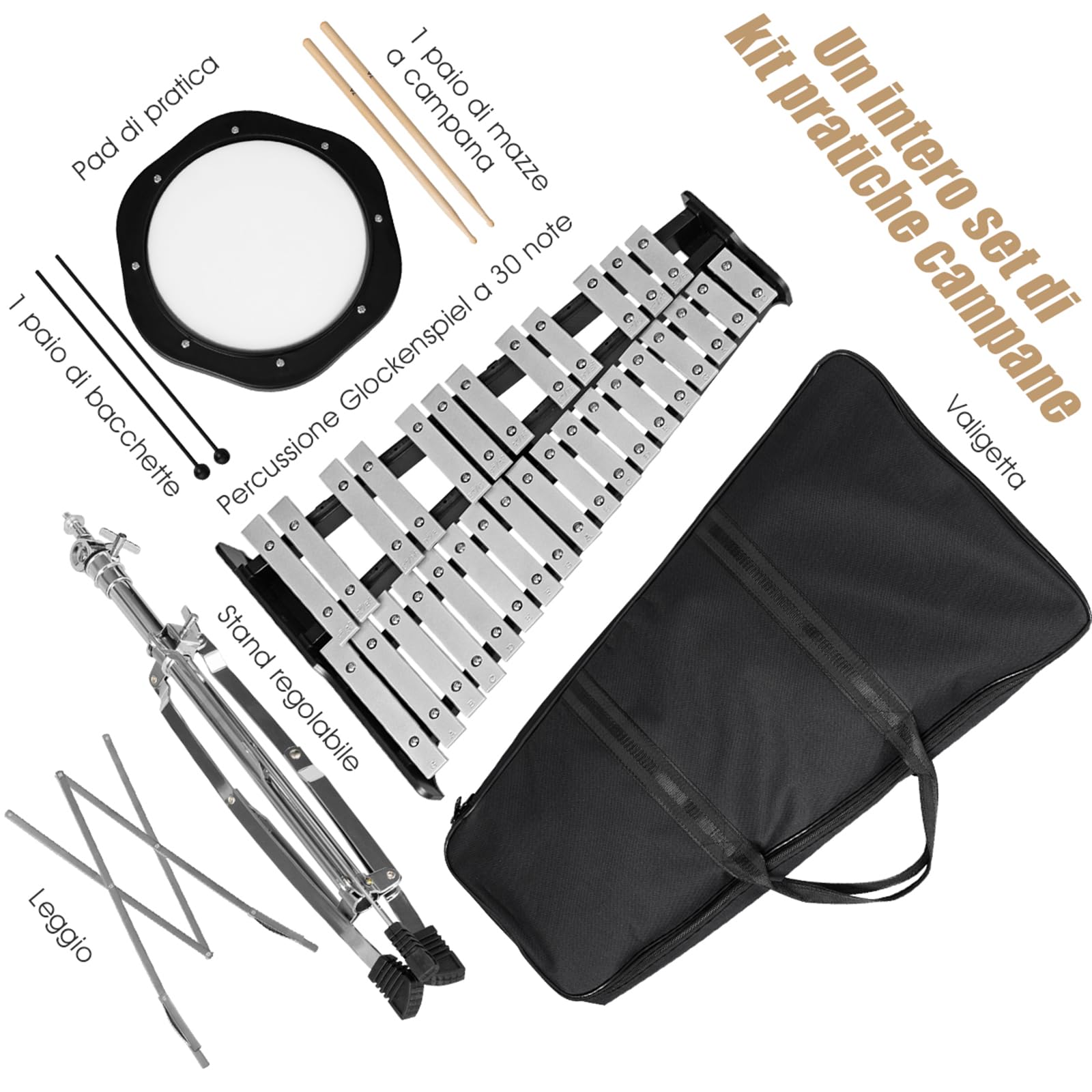 COSTWAY Set di Xilofono a 30 Note, Glockenspiel con Supporto in Metallo, Altezza Regolabile, Metallofono con Leggio per Spartiti, Mazzette