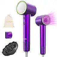 High Speed Hair Dryer with Diffuser, 110,000RPM Ionic Blow Dryer for Fast Drying, Portable Travel Low Noise Thermo-Control Hairdryer with Nozzle for Home Travel (Purple)