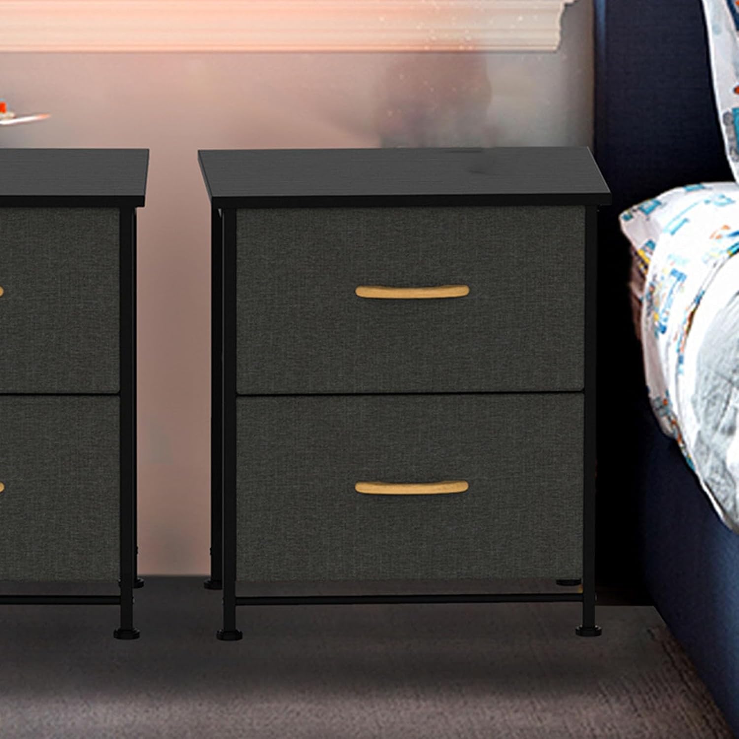 Modern 2 Drawer Fabric Storage Cabinet with Metal Frame and Wooden Top for Home Organization Bedroom and Living Room Use Multi Layer Storage