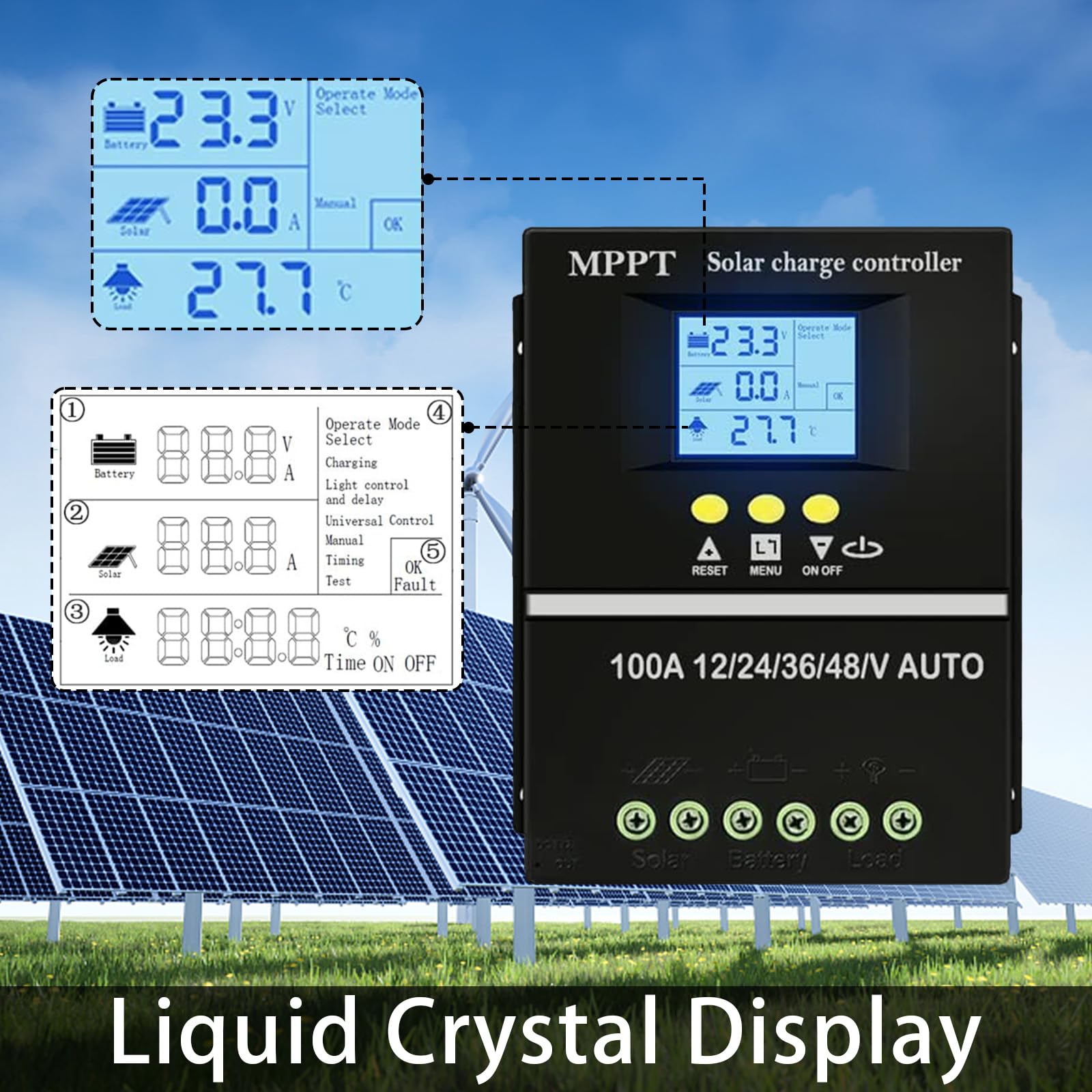 Régulateur de Charge Solaire MPPT, MPPT 100A Contrôleur de Charge Solaire 12V 24V 36V 48V Auto Écran LCD Batterie Régulateur Intelligent Double USB pour Plomb et au Lithium Batteries