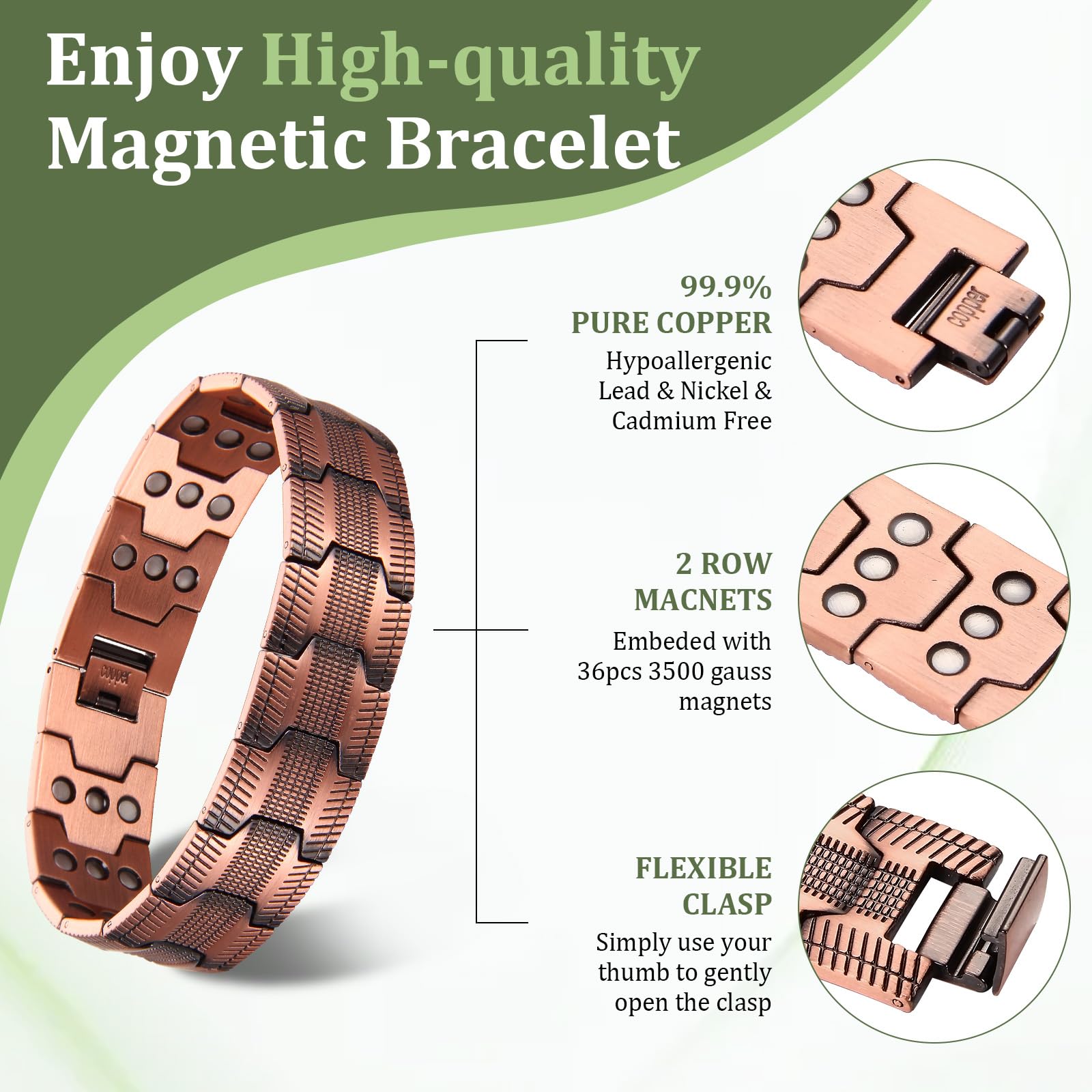 MagEnergy Bracelet Magnétique Cuivre 99,9% Homme, 3 Aimants Puissants, Ajustable avec Outil & Coffret Cadeau