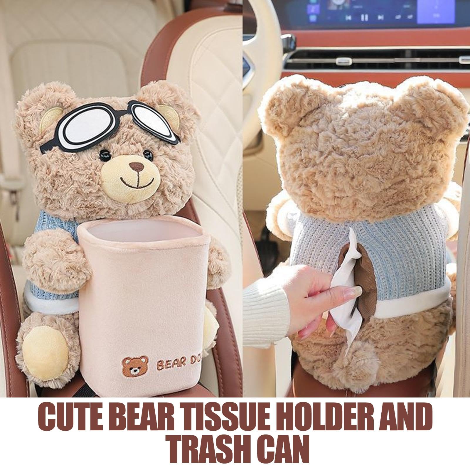 Porte-mouchoirs et poubelle en peluche mignon en forme d'ours 2 en 1 avec lunettes d'aviateur, imperméable, beige, 25 x 22 x 28 cm
