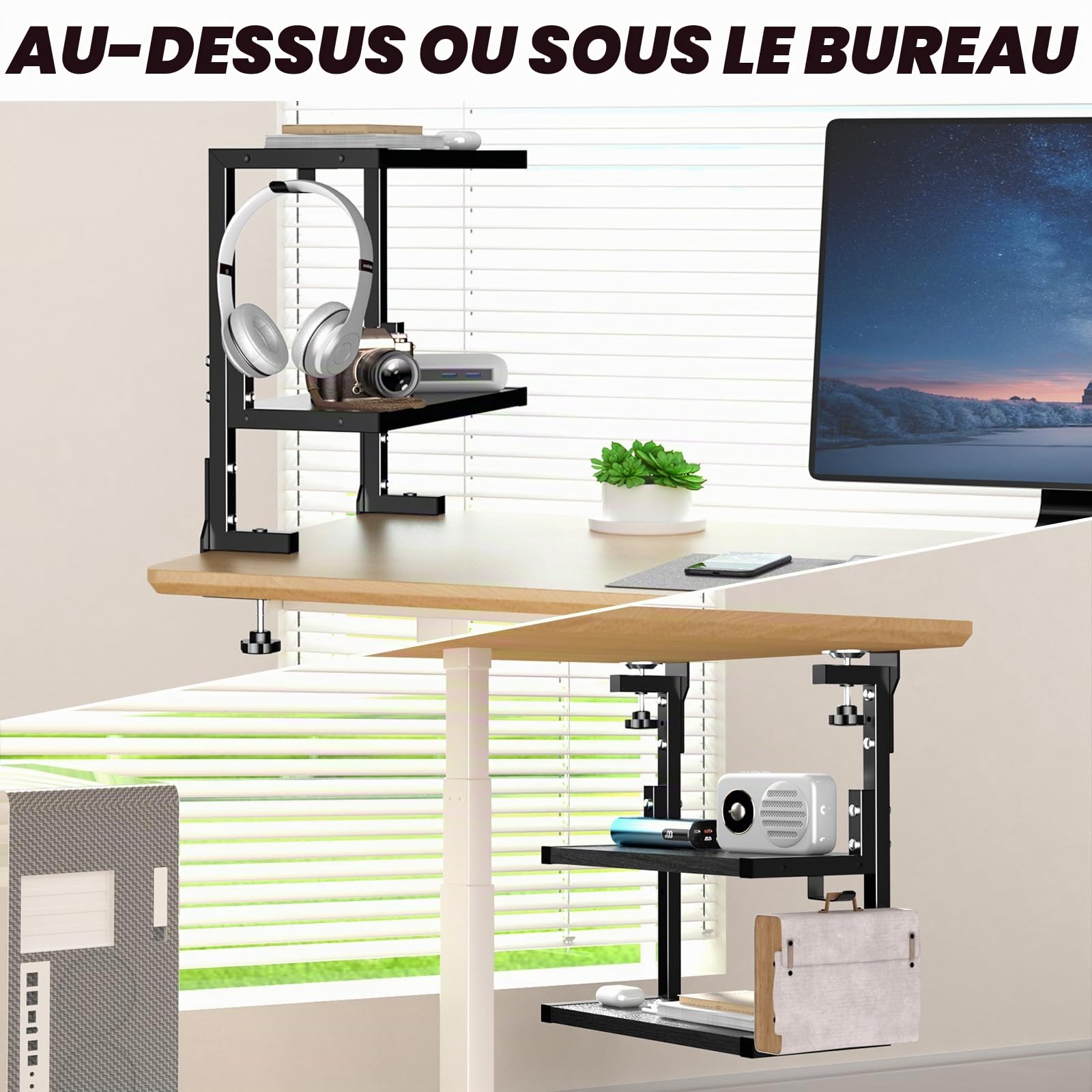 PUTORSEN Organisateur de Bureau à Pince de 15 Pouces, Étagère de Table à 2 Niveaux Au-Dessus ou en Dessous avec Espace Personnalisé pour Les Accessoires de Bureau, etc, Etagere Cuisine, Noir