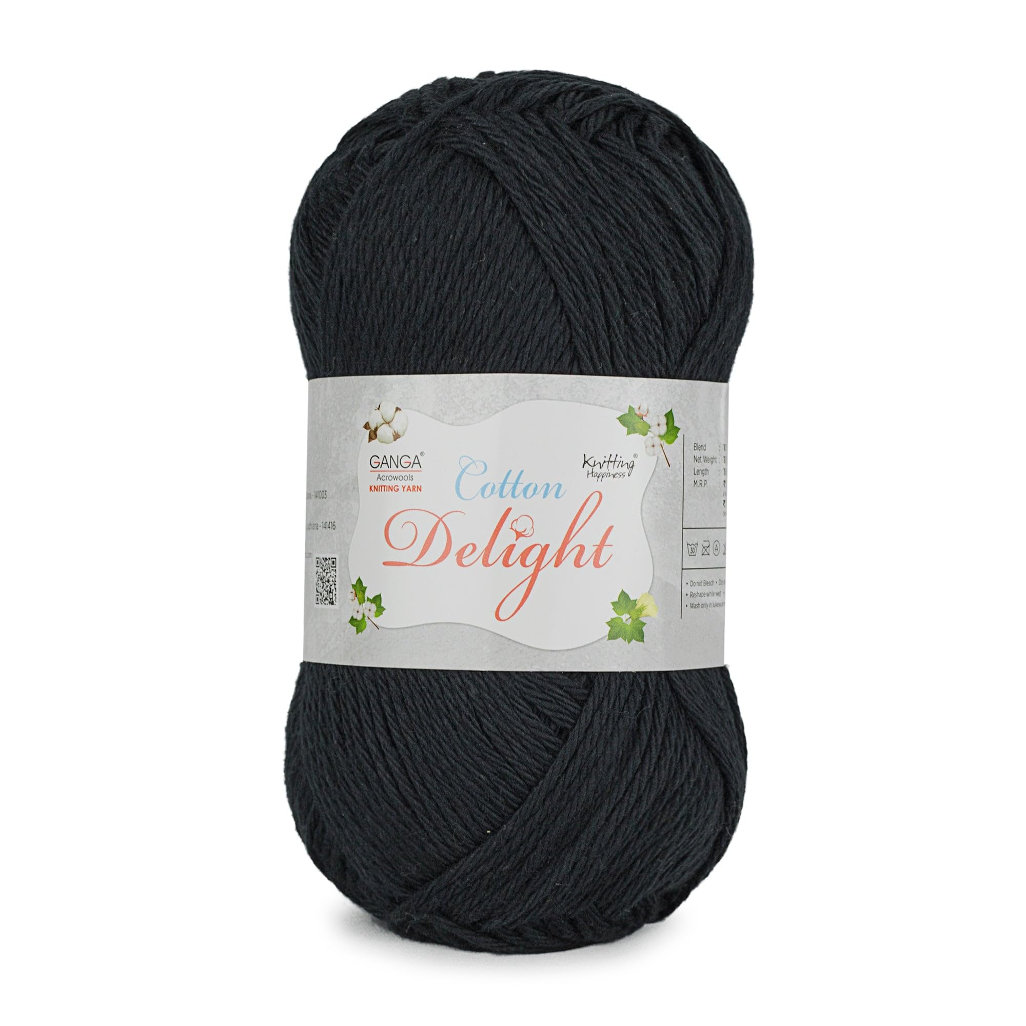Ganga Acrowools Cotton Delight, Dk Weight Cotton Yarn, Oekotex Class L Certified 100G, 169M (Black)