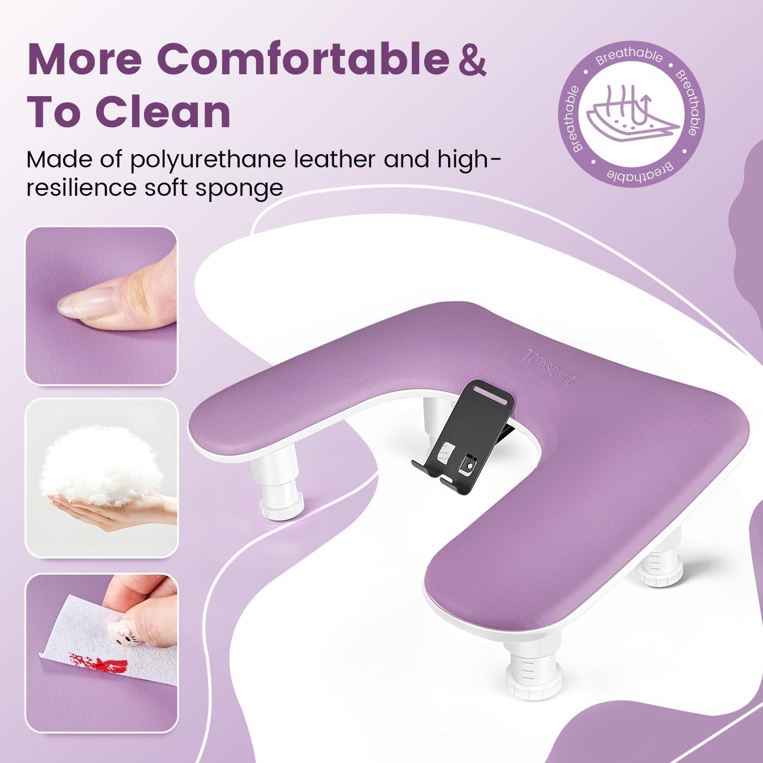 JODSONE Lila U-förmige Maniküre-Armstütze für Nageltechniker mit drehbarer Handyhalterung und verstellbarer Nagelarmstütze Abnehmbare Maniküre-Handstütze für Salon-Design