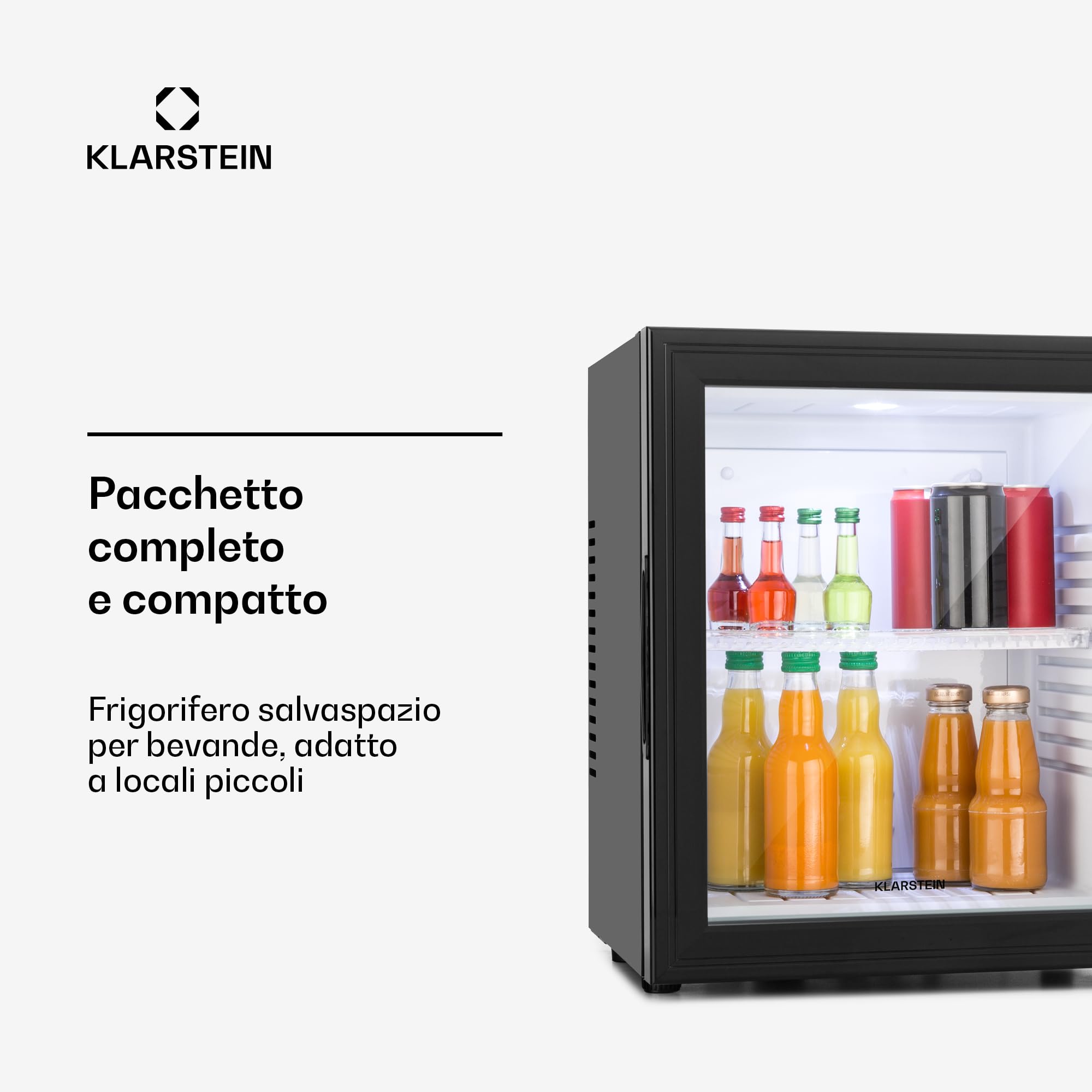 KLARSTEIN Brooklyn Mini Frigo da Camera, Frigo Portatile da Ufficio, Mini Frigo Bar con LED, Ripiani Rimovibili, Ideale per Campeggio e Skin Care, 12-18°C, 30L