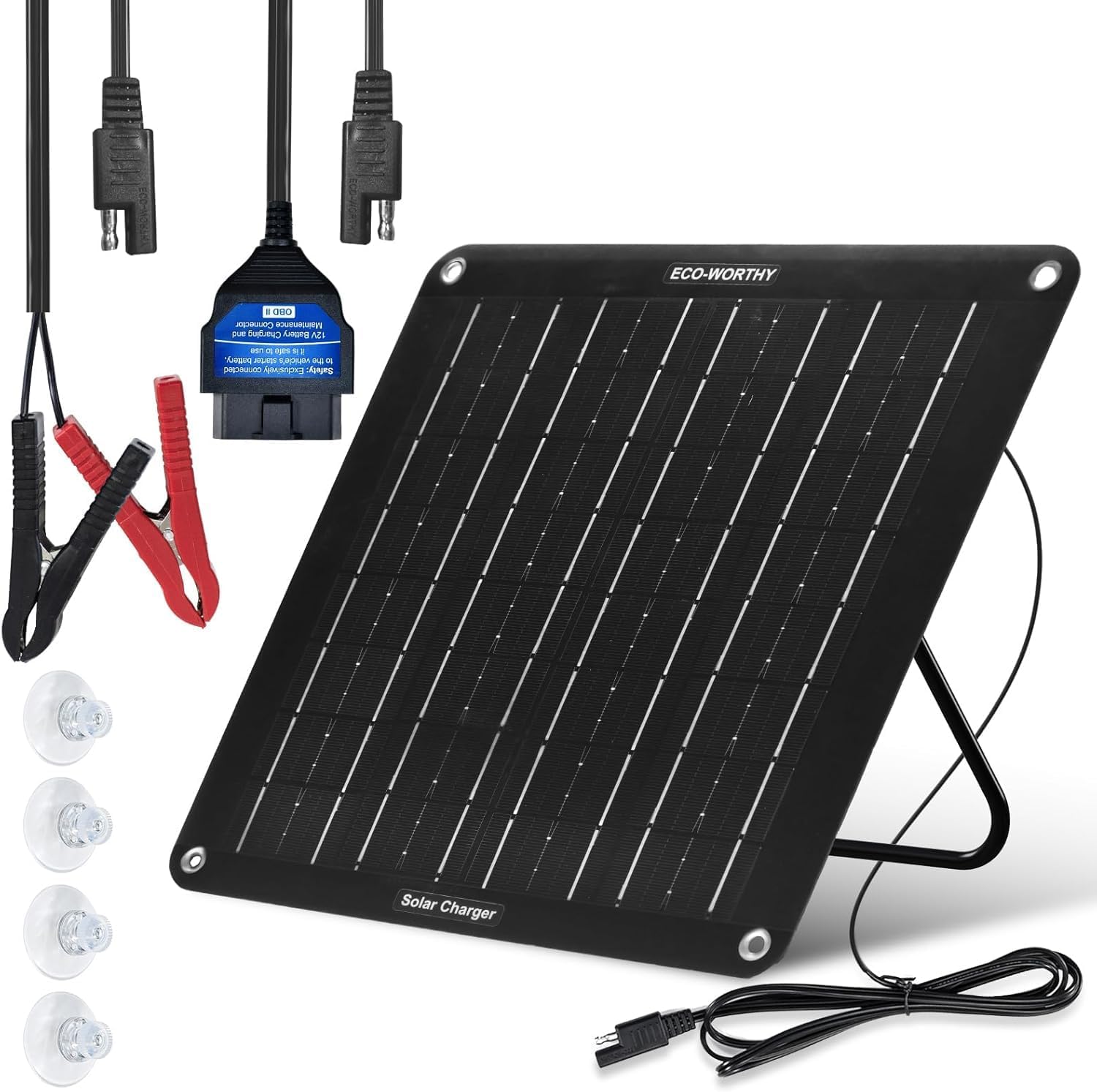 ECO-WORTHY Caricabatteria Solare OBDII 10W Aggiornato - Pannello Solare Mono Impermeabile da 12V con Supporto Portatile per Auto, Camion, Barche, Tosaerba, Camper, Roulotte