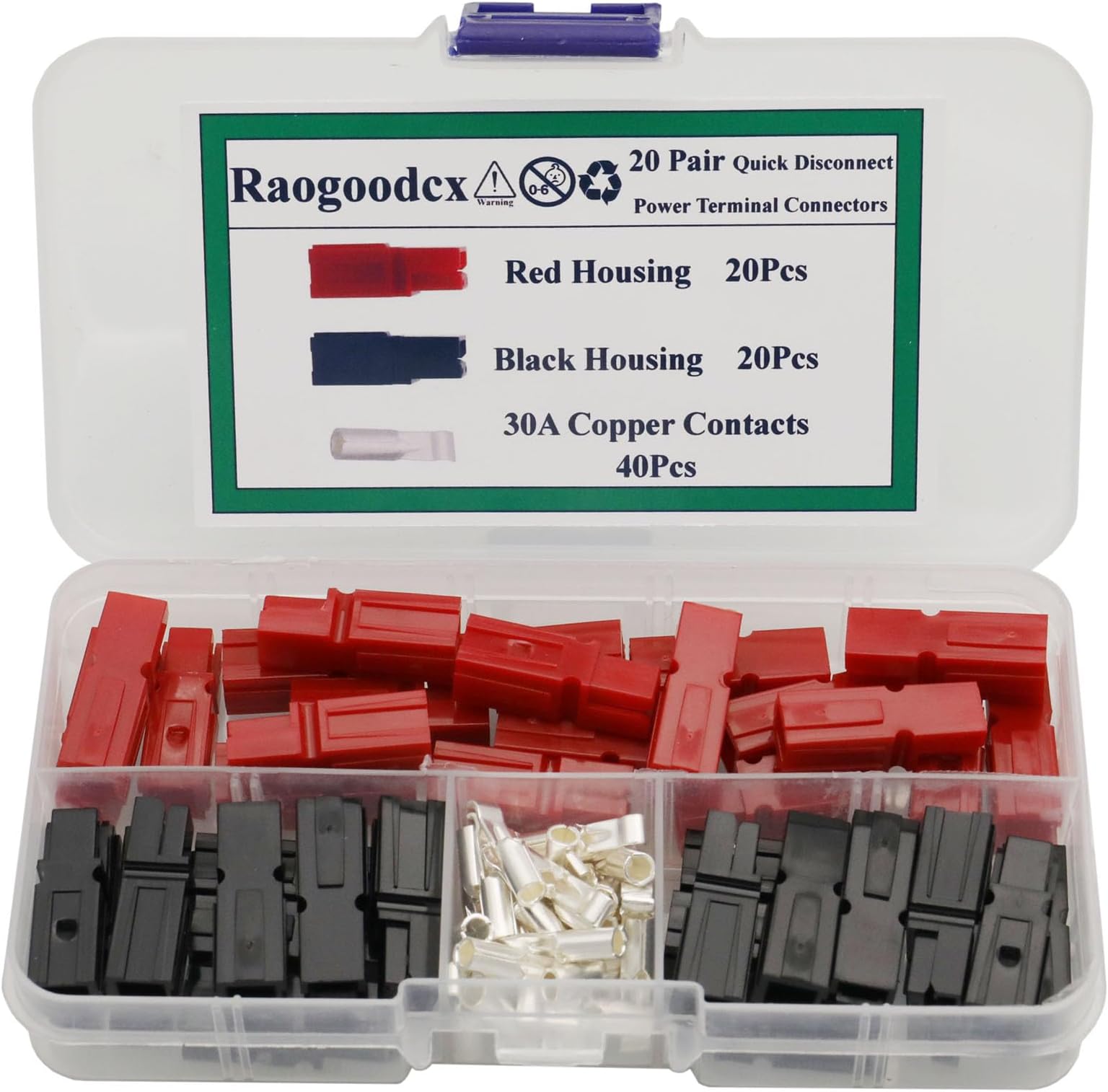 20 Pair Quick Disconnect 30AMP 600V Power Connector Kit, Copper Silver Plated Terminals, Red & Black Housings