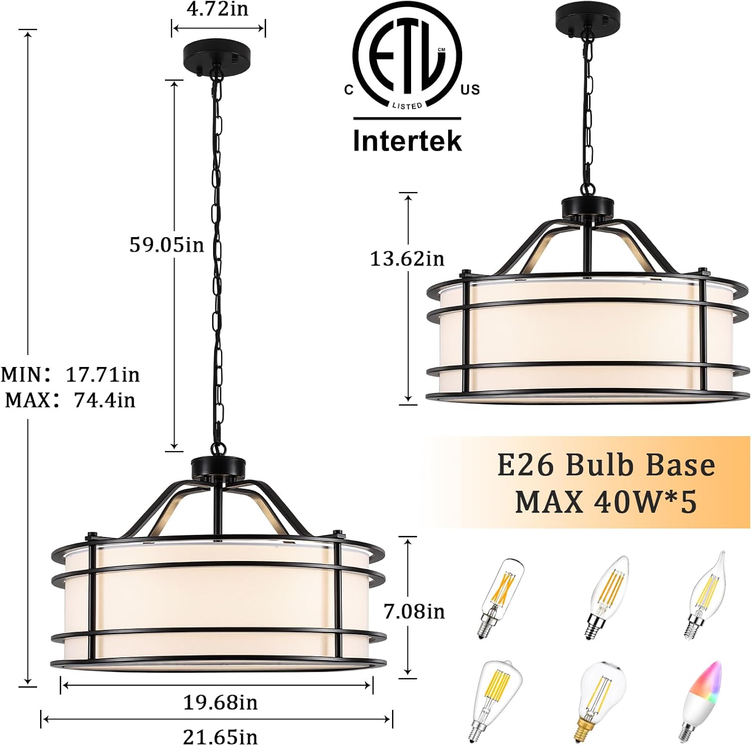 21.6" Modern Drum Chandelier, 5-Light Black Chandeliers with White Fabric Shade, Farmhouse Round Pendant Light Fixture for Dining Living Room Foyer, E26