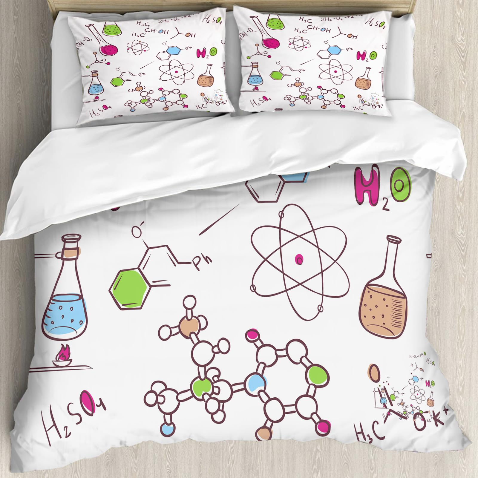 Housse de couette et d'oreiller 228x264cm motif chimie doodle pour grand lit double