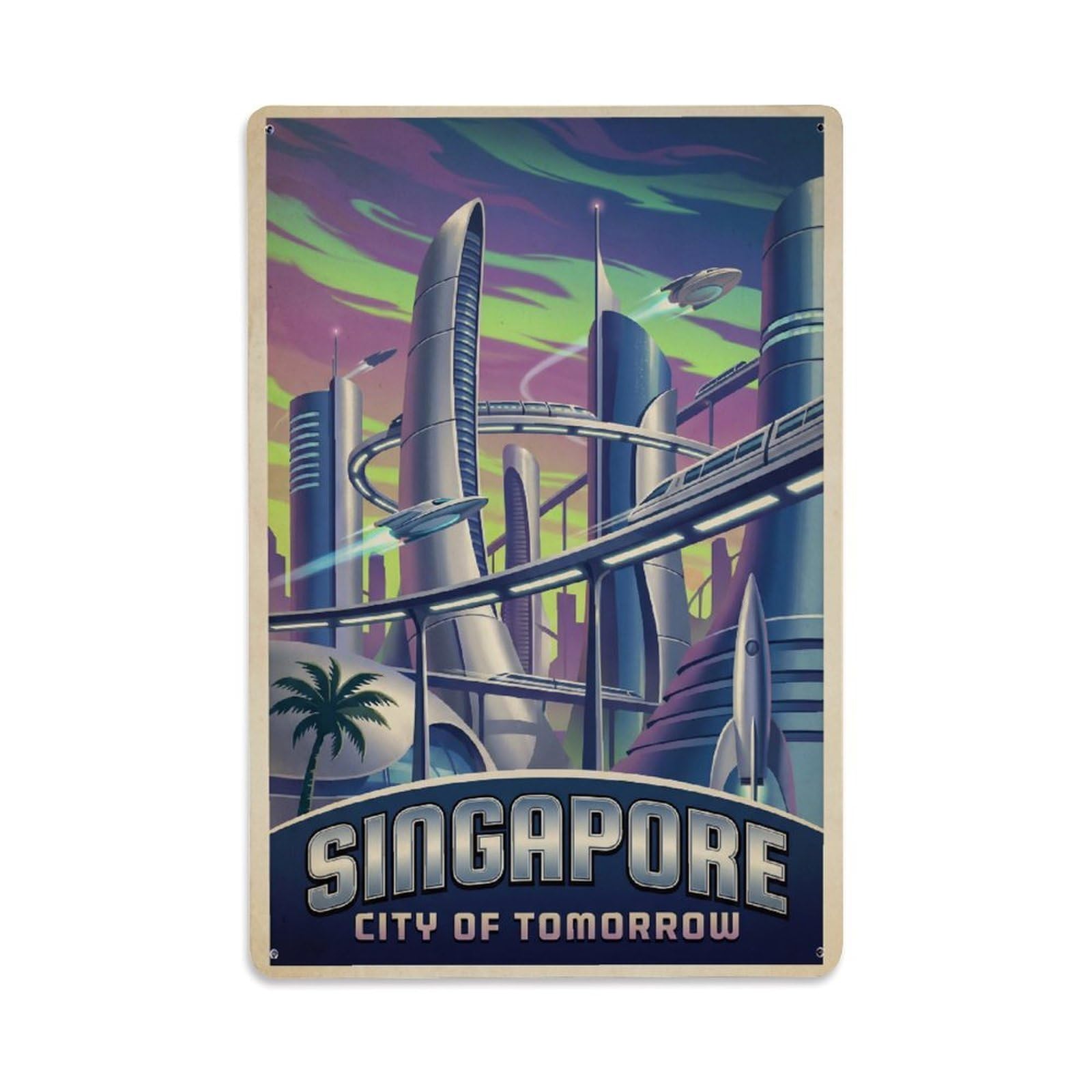 Huiyhb 8X12inch(20X30cm) Vintage Travel Singapore Futuristic Metal Tin Sign