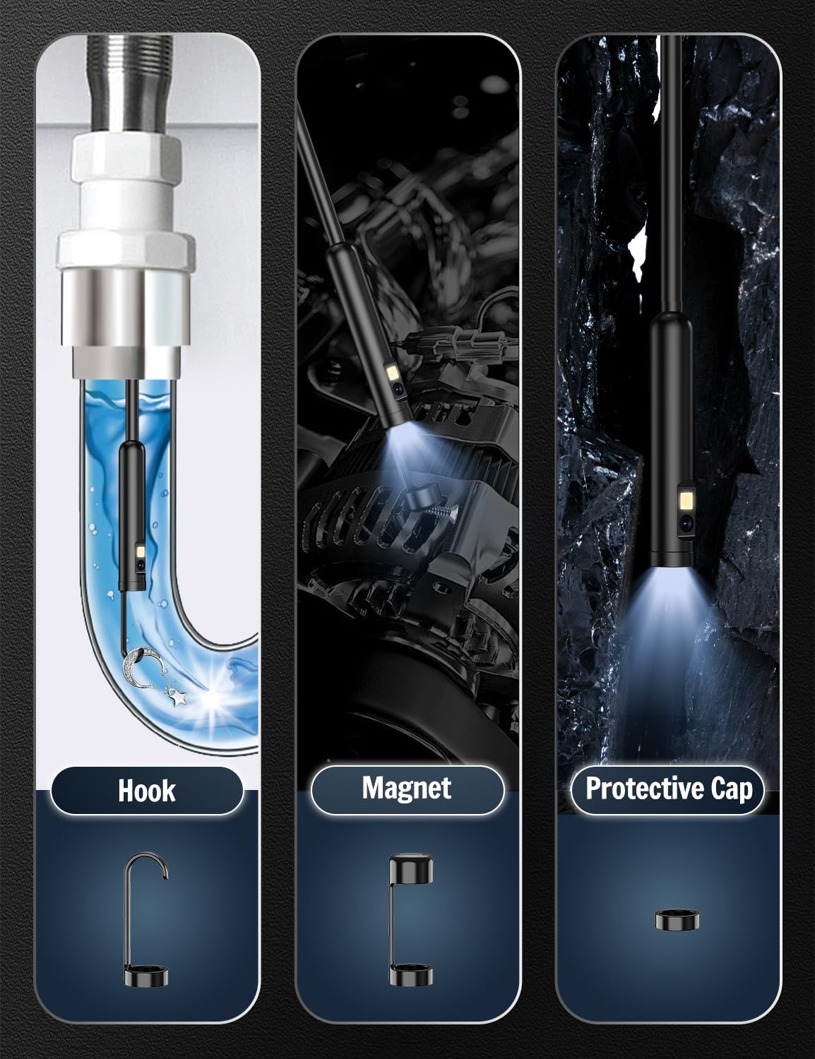 Caméra Endoscopique Double Objectif, 1920P HD Camera Inspection Canalisation avec 8+1 LEDs Réglables pour Compatible Android, iOS et tablettes, No WiFi Camera Câble Semi-Rigide(16,5 FT/5M)