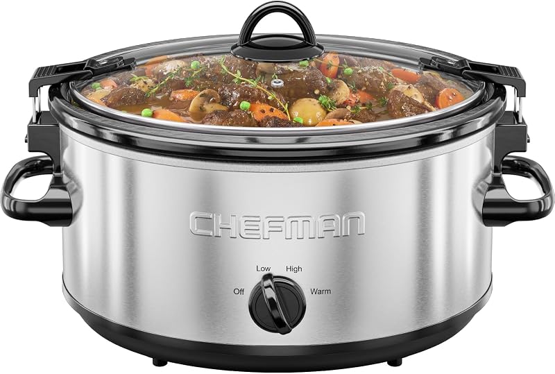 6 Quart Slow Cooker with Locking Lid, Ceramic Crock with Portable Cook and Carry Travel Latching Lock, Large Easy Clean Dishwasher Safe Pot Insert, Manual 3 Heat Settings, Stainless Steel