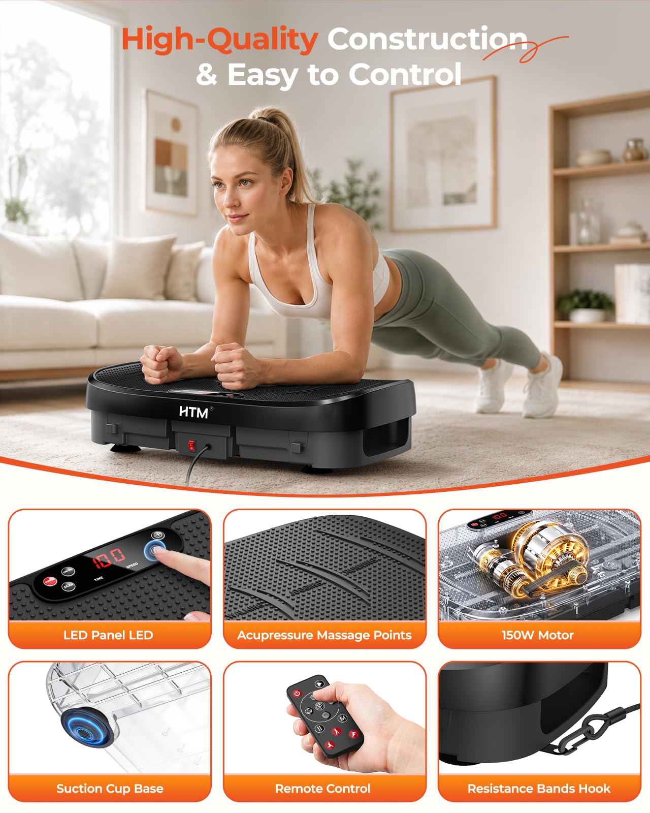 HTM Piattaforma Vibrante per Esercizi – Capacità di carico 150 kg, 120 livelli di velocità, piattaforma vibrante per allenamento completo del corpo a casa, tonificazione e benessere, display LED