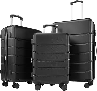 3-Piece Luggage Sets, Hard Shell Suitcases with Spinner Wheels, Expandable Lightweight Rolling Suitcase Sets with TSA Lock, Black 20/24/28 Inch
