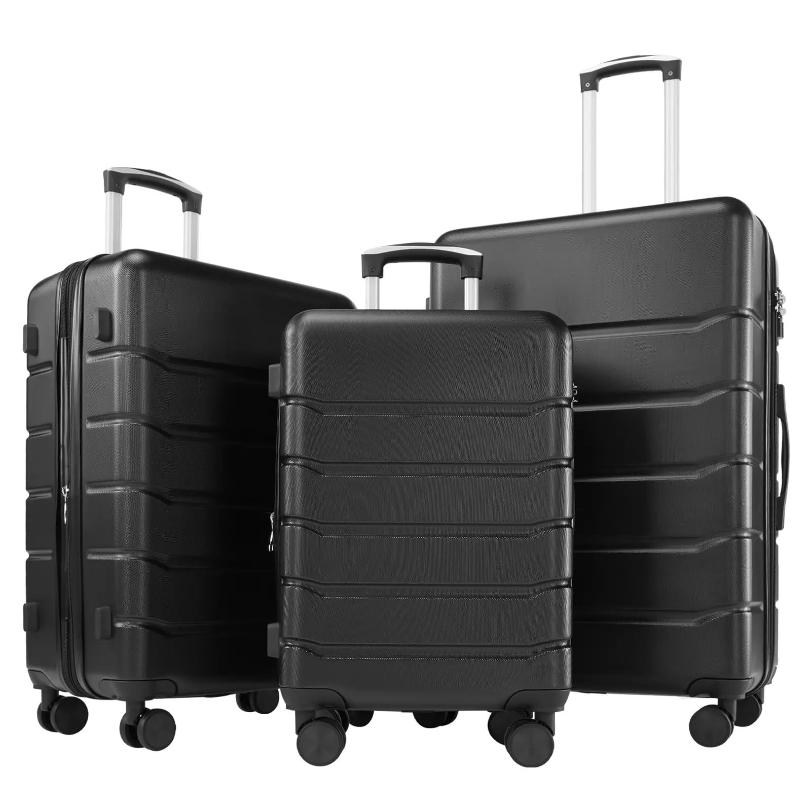3-Piece Luggage Sets, Hard Shell Suitcases with Spinner Wheels, Expandable Lightweight Rolling Suitcase Sets with TSA Lock, Black (20/24/28 Inch)