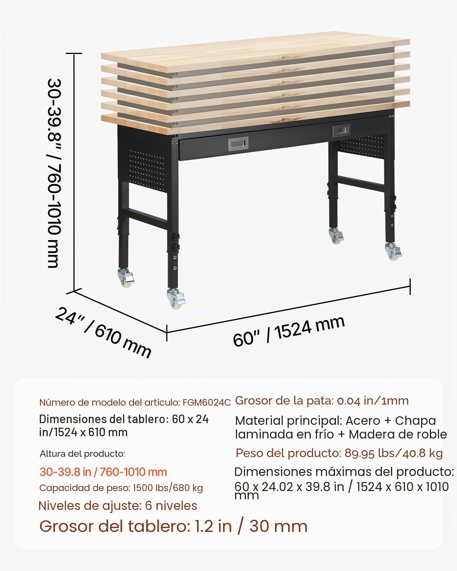VEVOR Banco de Trabajo con Cajón 152,4 x 61 cm, Mesa de Taller Altura Ajustable de 6 Niveles de 76-101 cm, Carga de 680 kg, Mesa de Madera Marco de Metal con Ruedas para Oficina, Garaje, Taller