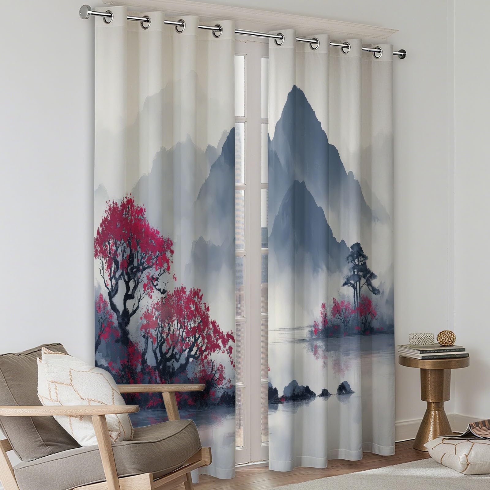 Zestaw 2 zasłon zaciemniających z oczkami 91,5 x 214 cm (szer. x wys.), ciche chińskie malowanie tuszem góry, izolująca termicznie, jasnoszara, poliester, zestaw 2 sztuk
