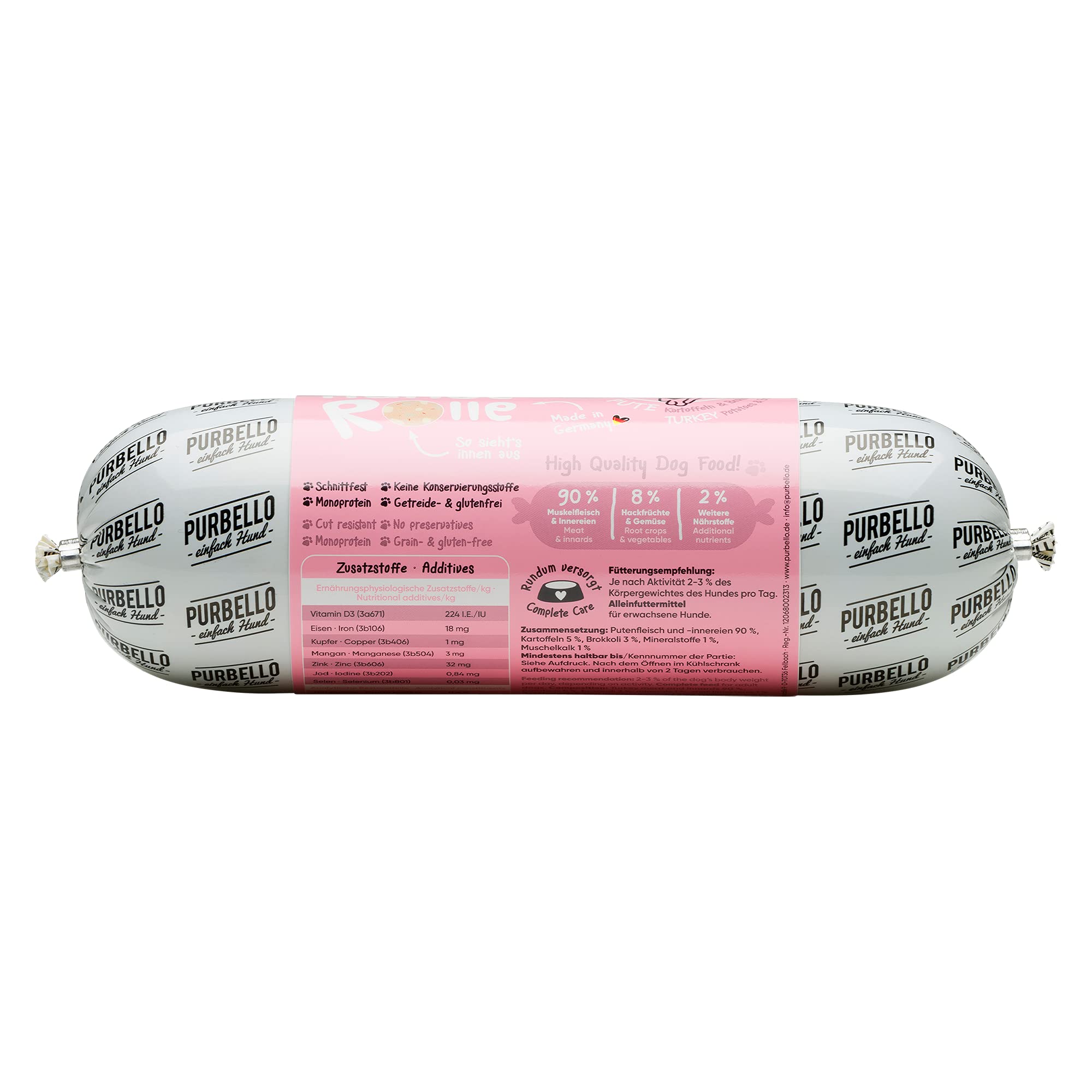 PURBELLO Rotolo di Tacchino con Broccoli e Patate, monoproteina, ad Alta Percentuale di Carne, per Cani, Resistente al Taglio e Senza Cereali, 8 x 800 g