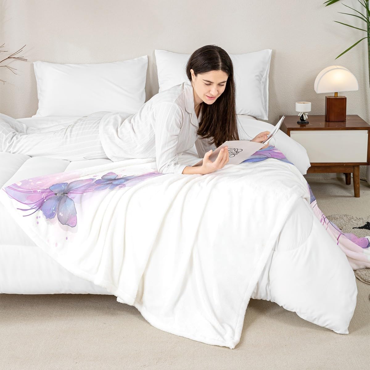 Homewish Watercolor Butterfly Bed Blanket Kids Girls Butterflies Sherpa Blanket Soft Cozy Lightweight Purple and Pink Plush Fleece Spring Blanket Gifts for Couch Bed Chair Office Sofa(Throw 50"x60")