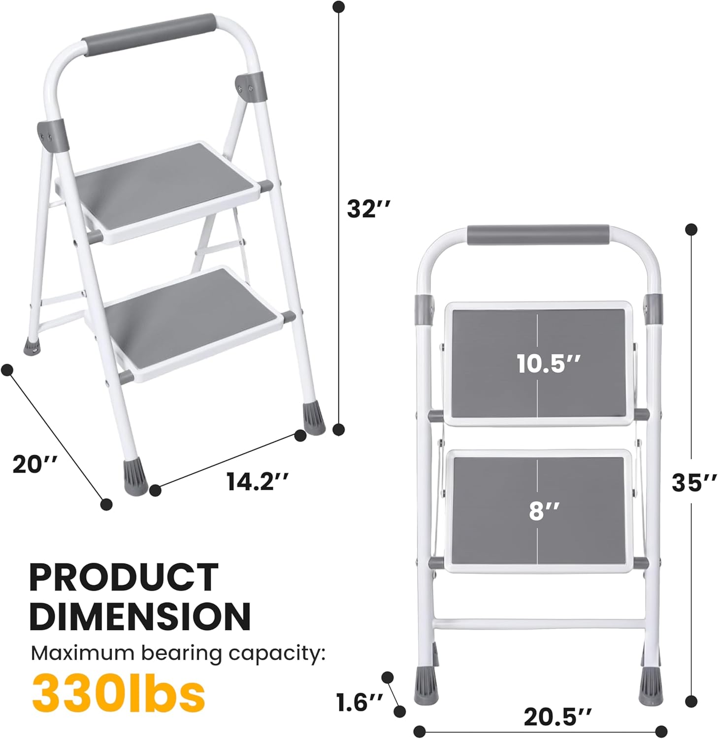 2-Step Folding Step Ladder, 330 lbs Heavy-Duty Metal Step Stool with Anti-Slip Pedals & Safety Handgrip, Portable Small Ladder for Kitchen, Garage, Home & Indoor Use – Grey