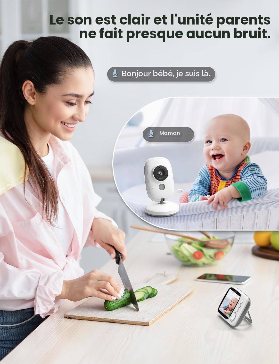 GHB Babyphone avec caméra 3,2" LCD moniteur bébé vision nocturne mode VOX berceuses et fonction interphone