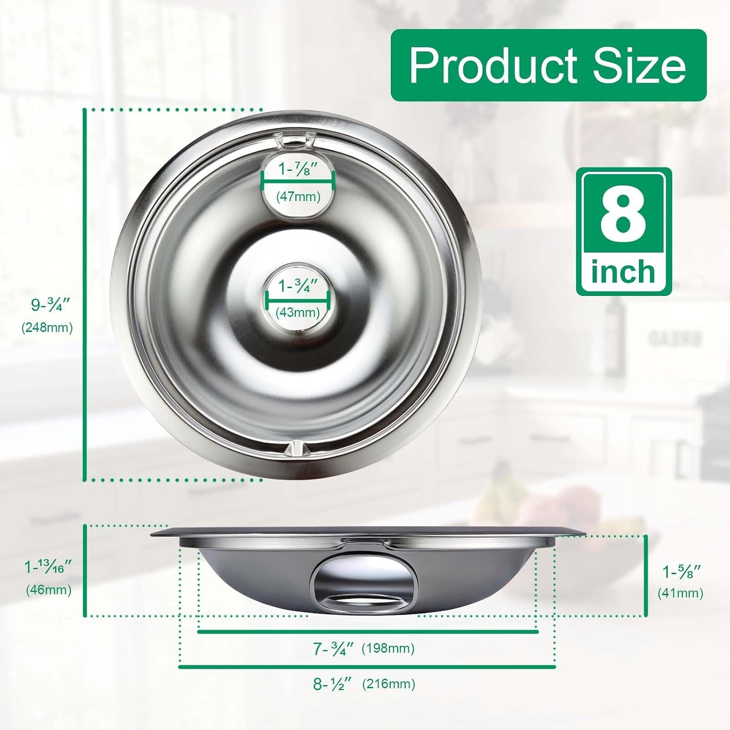 Purelux Electric Range Drip Pans Replacement Compatible with GE or Hotpoint Stove, Chrome Finish 4 Pieces Pack Includes 1 Large 8-Inch and 3 Small 6-Inch