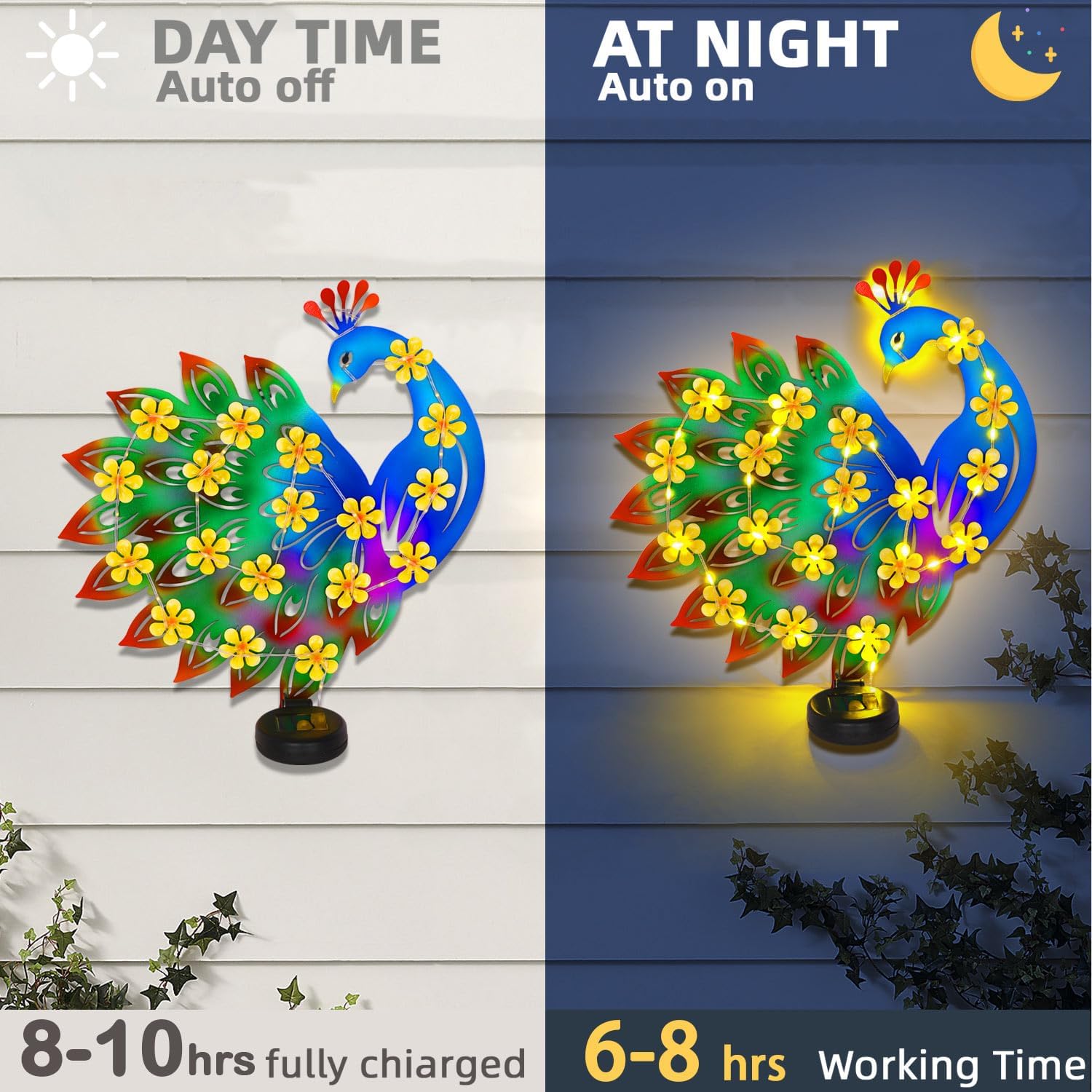 2 Pack Metal Peacock Outdoor Wall Decor with 30 Led Solar Lights- 13.8" Outdoor Fence Wall Art Decor, Gift for Mom Grandma Women Birthday Gardening,Hanging Decoration for Garden Patio Porch Yard