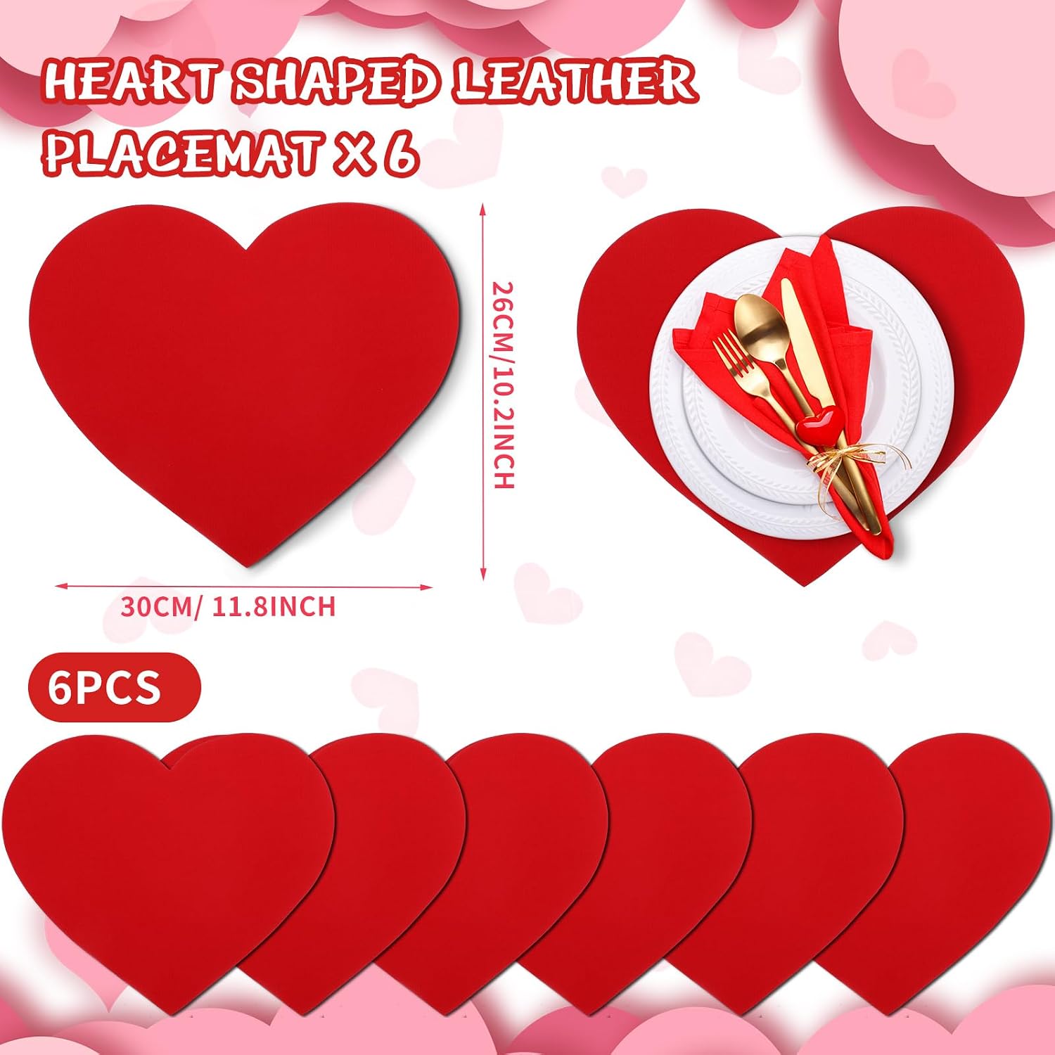Remerry Mother's Day Heart Placemats Set of 6 Red Heart Shaped Leather Place Mats Waterproof Washable Table Kitchen Mats for Kitchen Dining Decor(Classic,Red,11.81 x 10.24'')