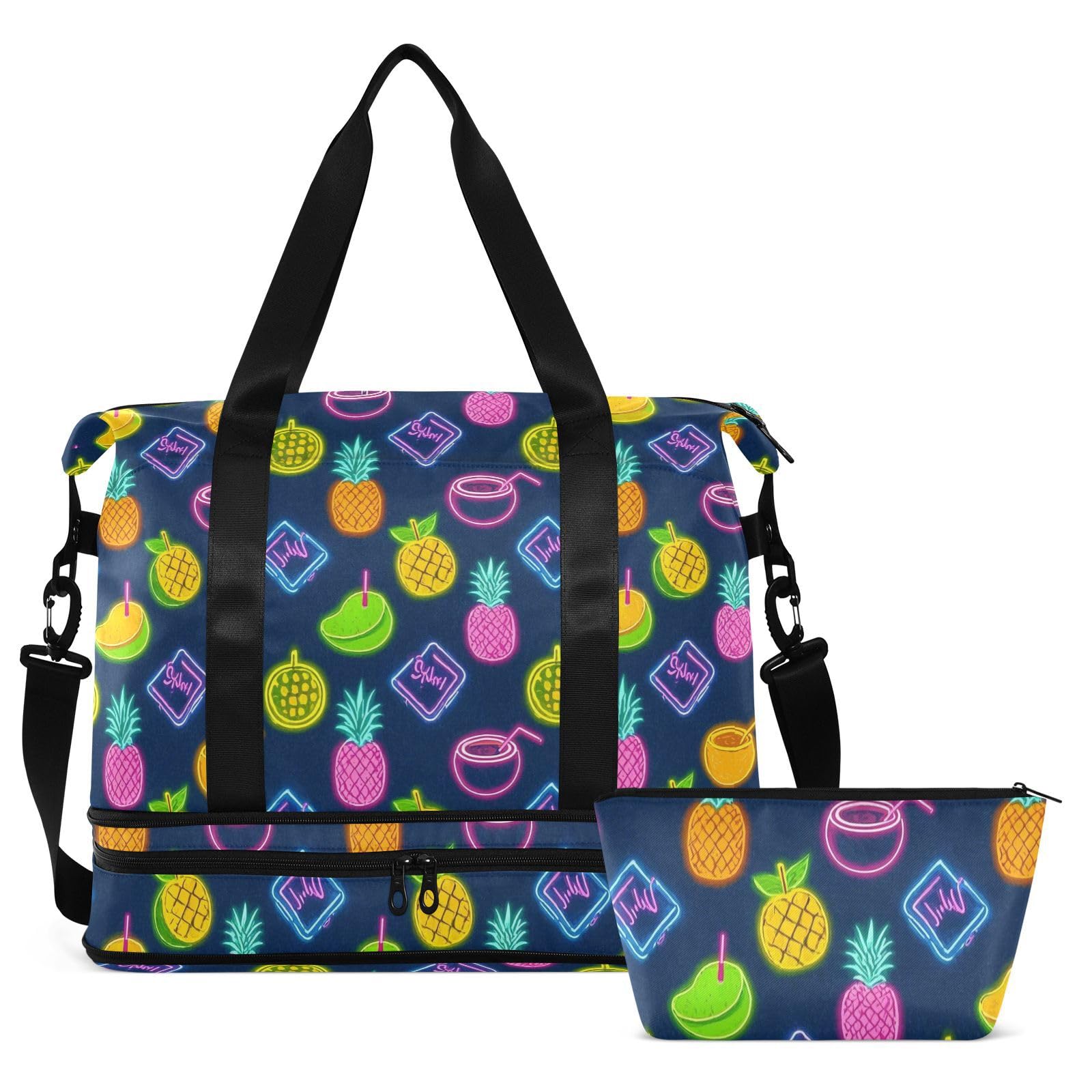 Bolsa de verano de coco neón, bolsa de fin de semana con bolsillo húmedo, correa ajustable, bolsa de gimnasio para viajes, impermeable, para hombres y mujeres