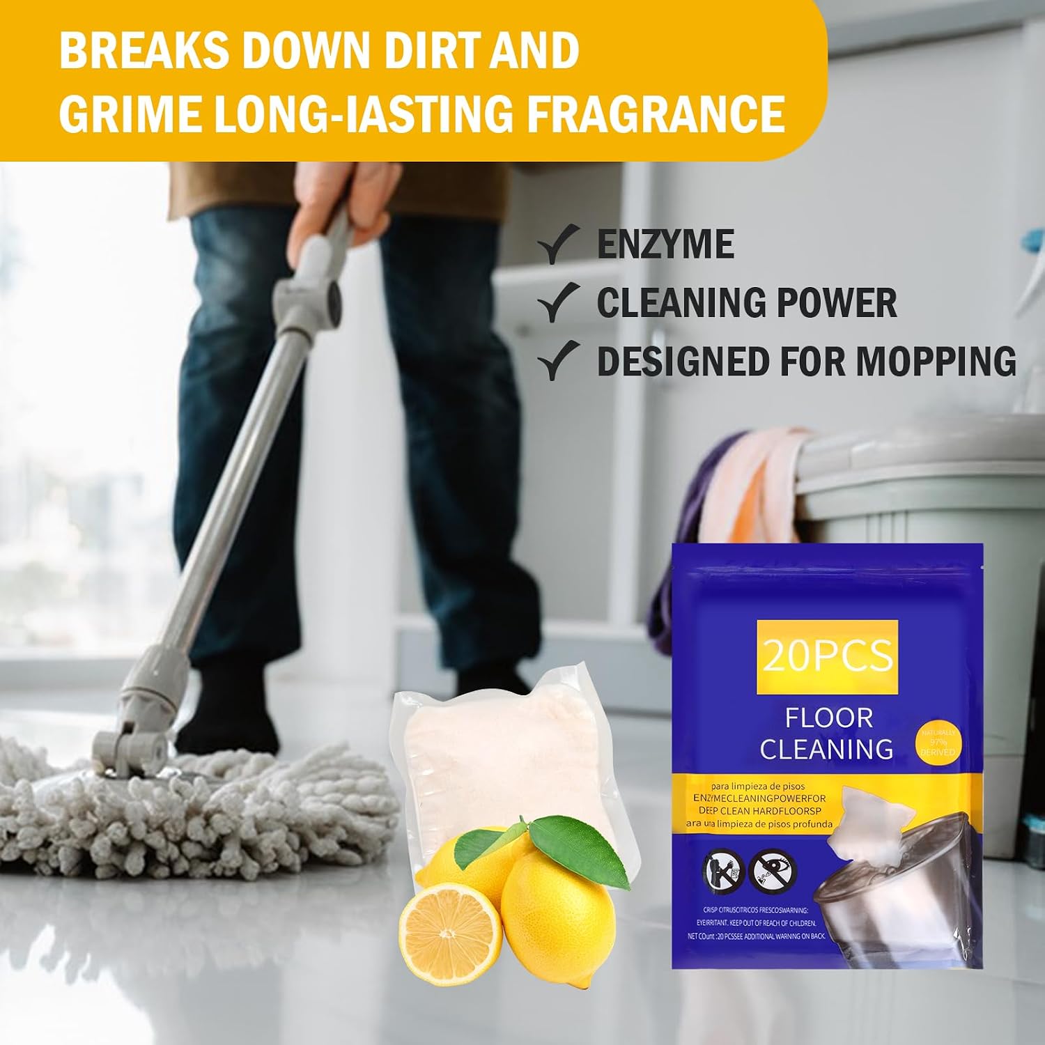 Hard Floor Cleaner, Lemon Fresh Scent, 20 count (1 Packet) | Made From 97% Natural Ingredients | For Use On All Types Of Hard Floors | Perfect For Use With Mop Buckets (Lemon) image 5