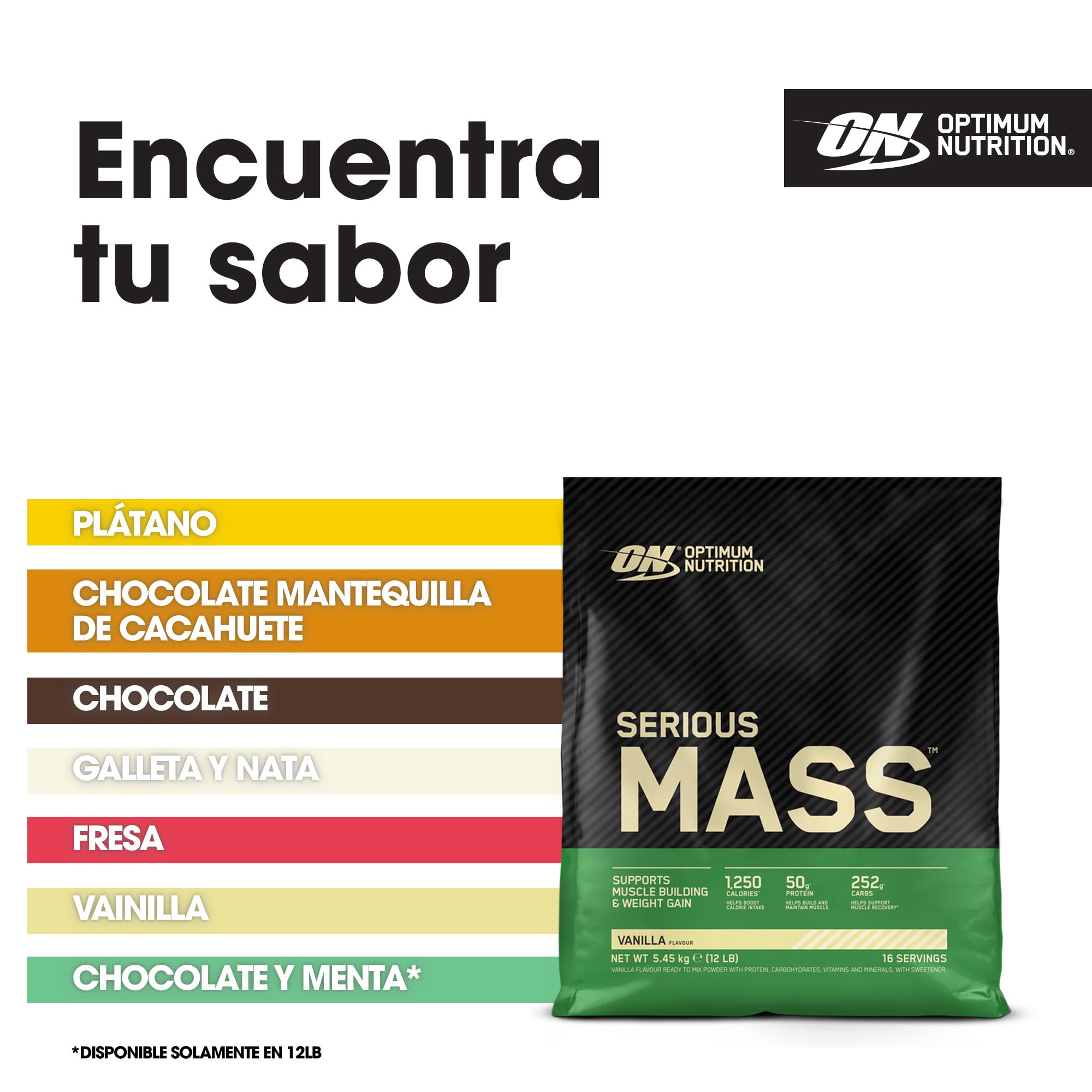 Optimum Nutrition Serious Mass Proteína en Polvo Alta en Calorías, Ganador de Masa Muscular con 25 Vitaminas y Minerales, Monohidrato de Creatina y Glutamina, Sabor Vainilla, 16 Dosis, 5.45 kg