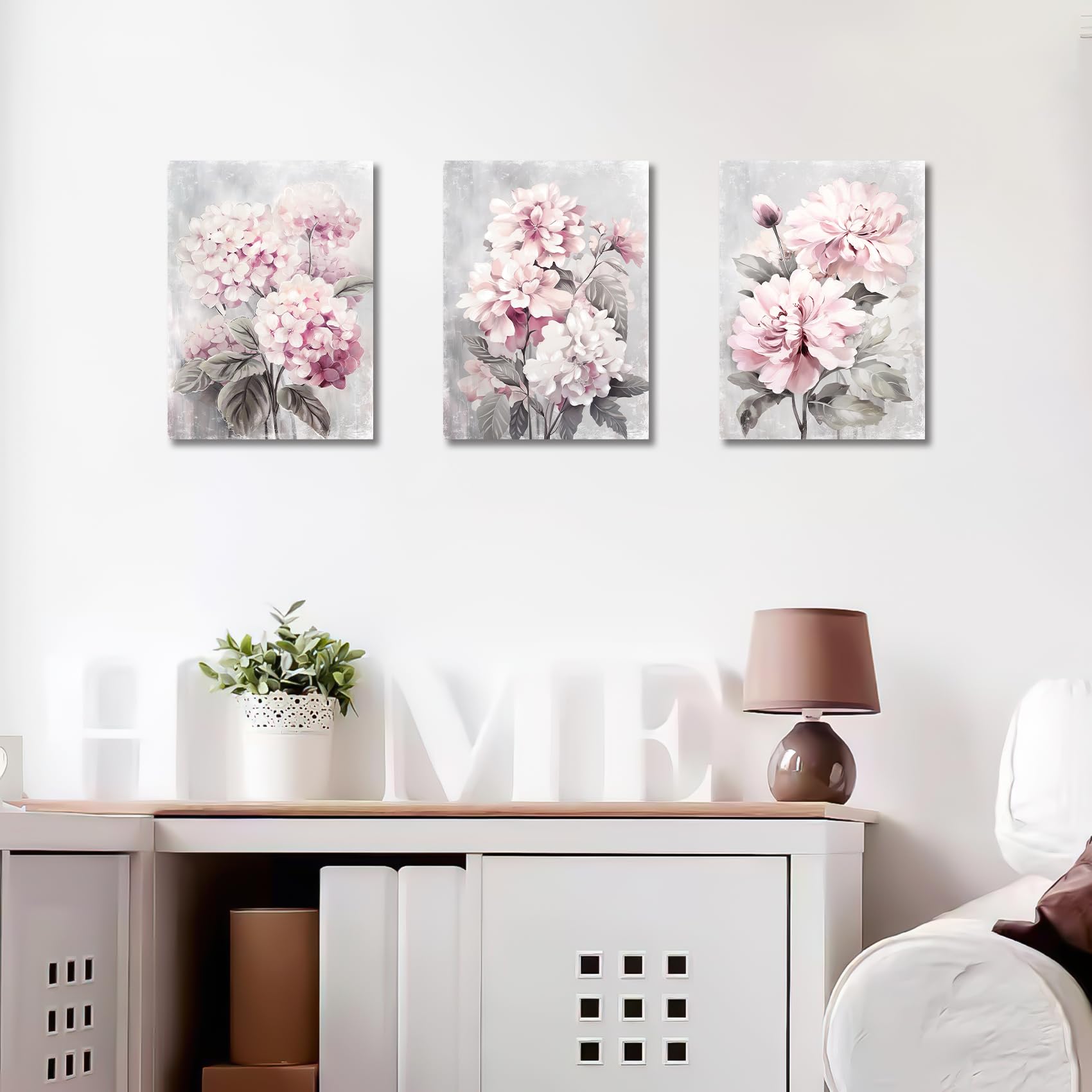 3 Pcs Wooden Framed Blush Grey Pink Canvas Wall Art Pink Hydrangeas Peonies Floral Blossom Canvas Painting Pictures for Living Room Bedroom Bathroom Hallway Home Wall Decoration 90x40cm(12"x16"x3pcs) — view 2
