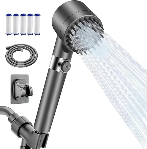 Cabezal de ducha de alta presión con mano y filtro, 4 modos de pulverización, 5 filtros de repuesto, lavado de energía Hydro Jet para agua dura,