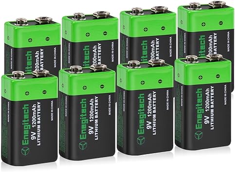 Enegitech 9V Lithium Battery, 9 Volt Battery 1200mAh Non-Rechargeable for Smoke Detector, Fire Alarm, Carbon Monoxide Detector, Metal Detector 9V 8 Pack