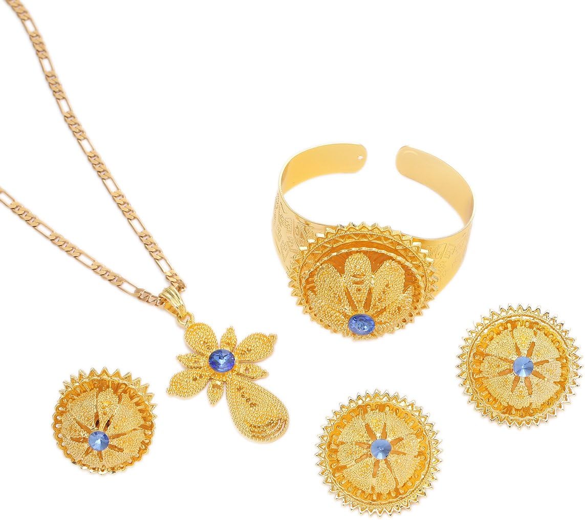 Gold Plated Ethiopian Jewelry Sets Red Blue Green Stone Habesha African Jewelry