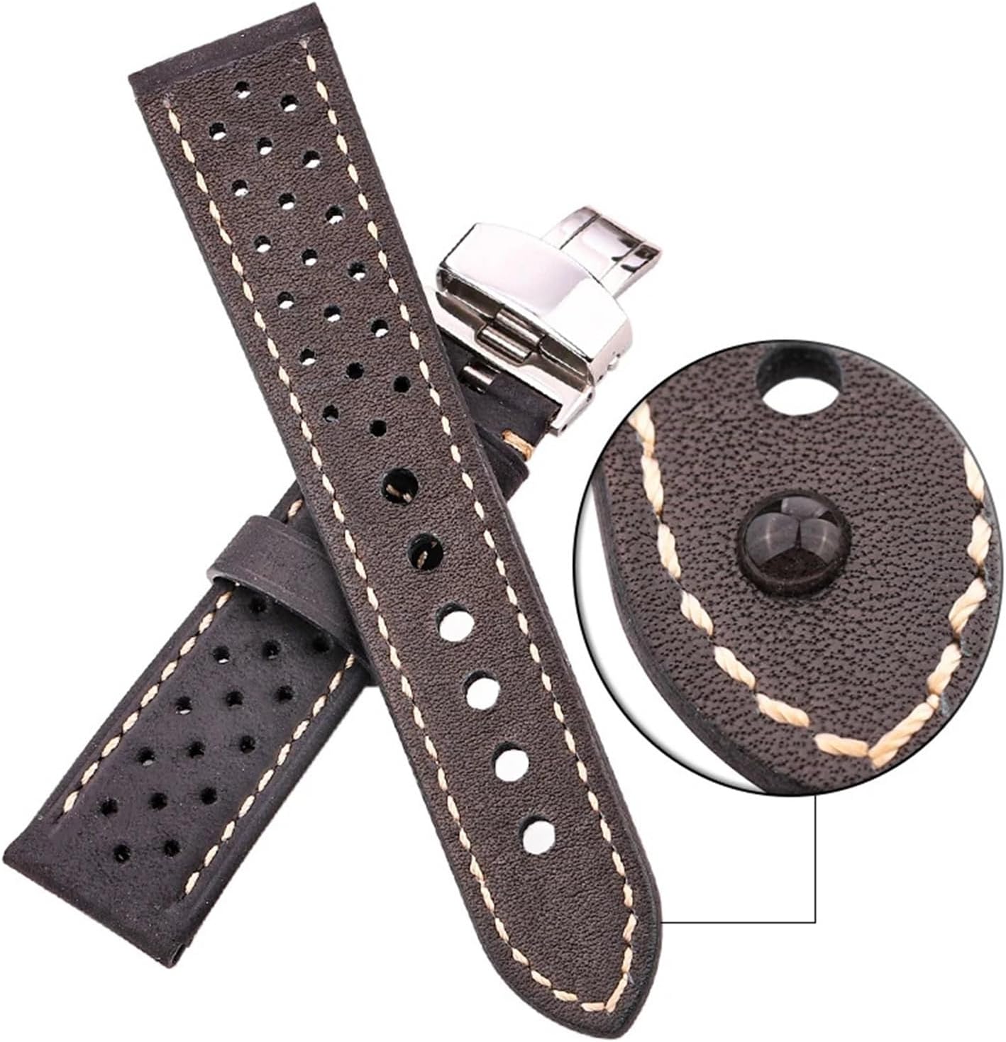 HuanJ Retro Calf Leather Watch Bands 18mm 20mm 22mm 24mm Soft Strap with Automatic Butterfly Buckle