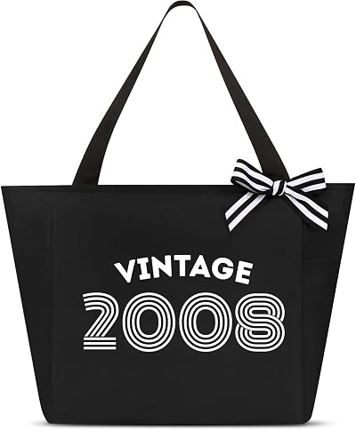 Vavabox Sac de Plage Femme, Cadeaux d'Anniversaire Unique pour 16/18/30/40/50/60 Ans, Cabas Vintage Personnalisable (2008, Noir)