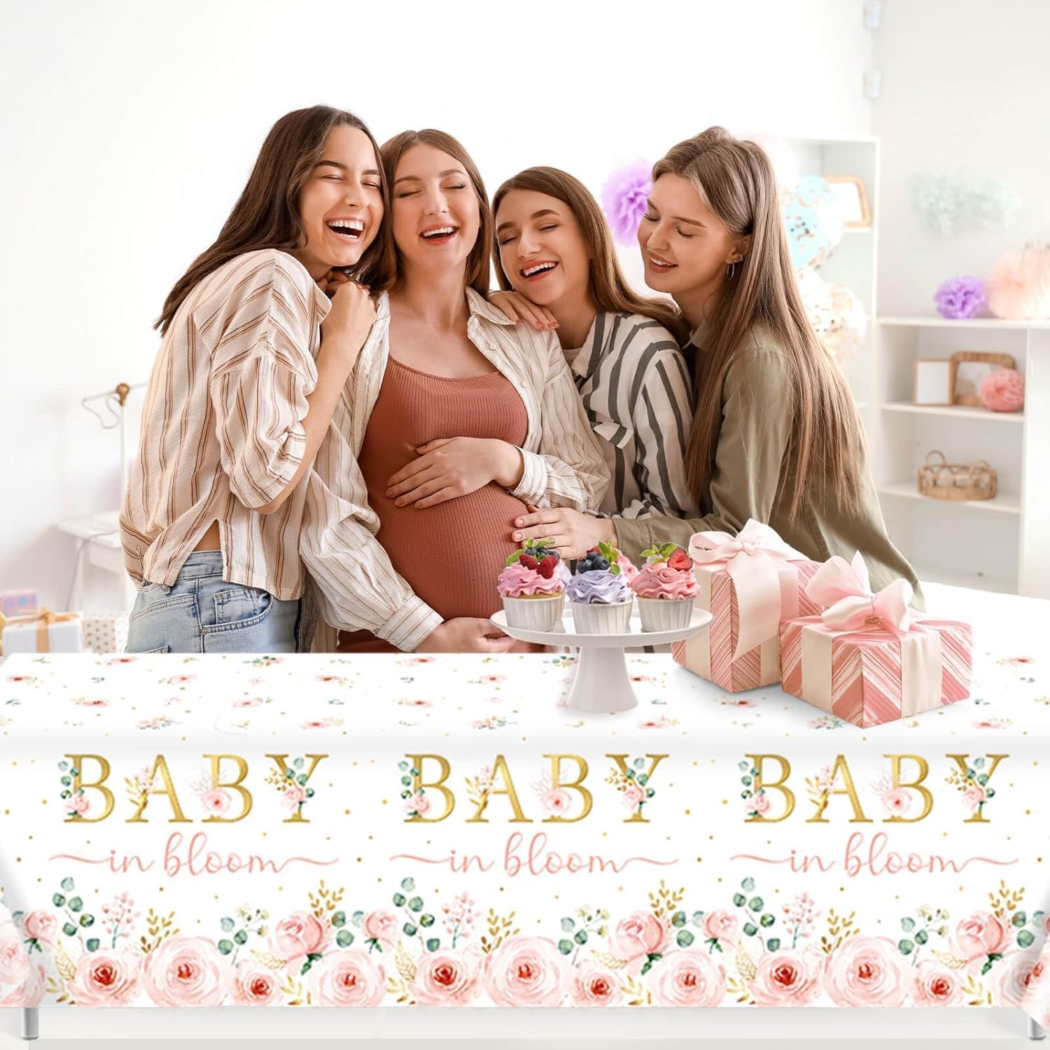 Baby in Bloom Disposable Plastic Tablecloth 3pcs Pink Watercolor Floral Baby Shower Table Cover Spring Party Supples and Decorations for Baby Girls