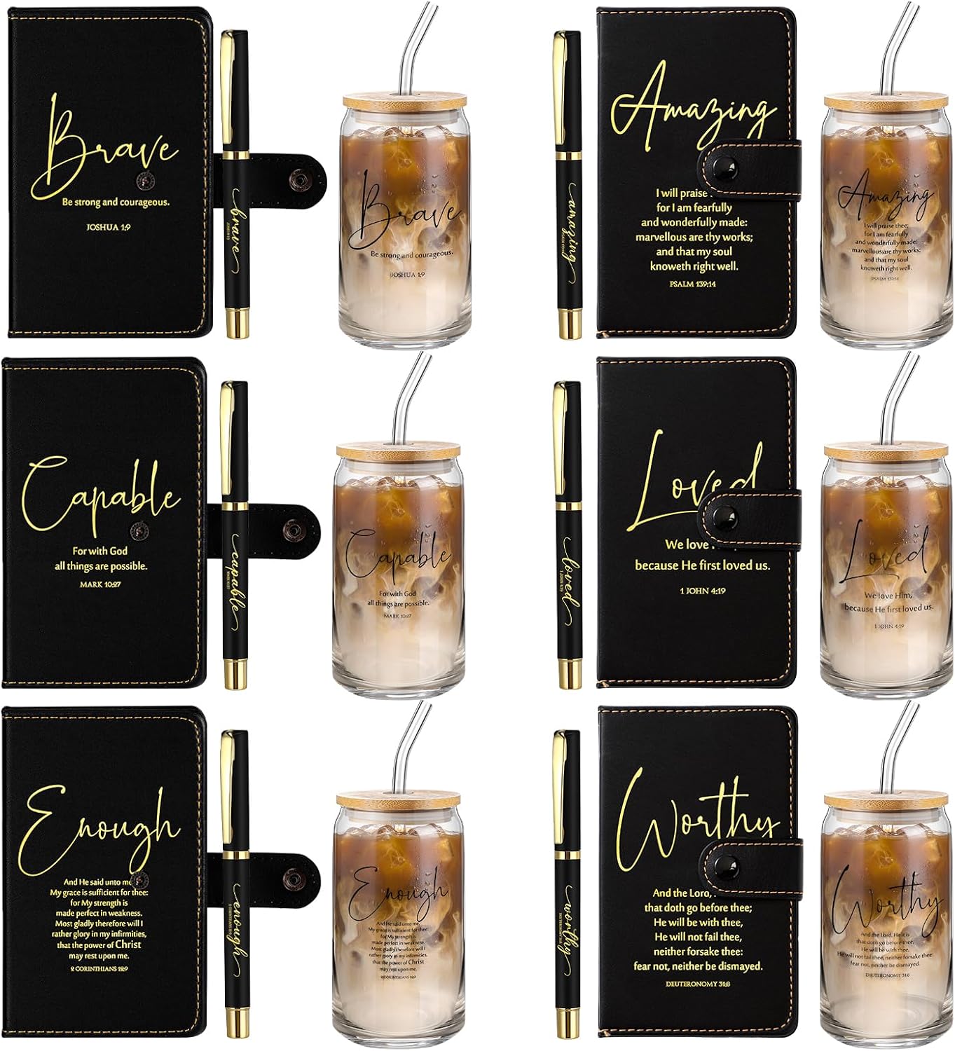 18 Pcs Easter Christian Gift Bulk for Women Men 16 Oz Glass Cups with Lid Straw Bible Notebook Leather Prayer Journal with Pen Mother's Day Religious Gift for Church (Bible Words,Black)